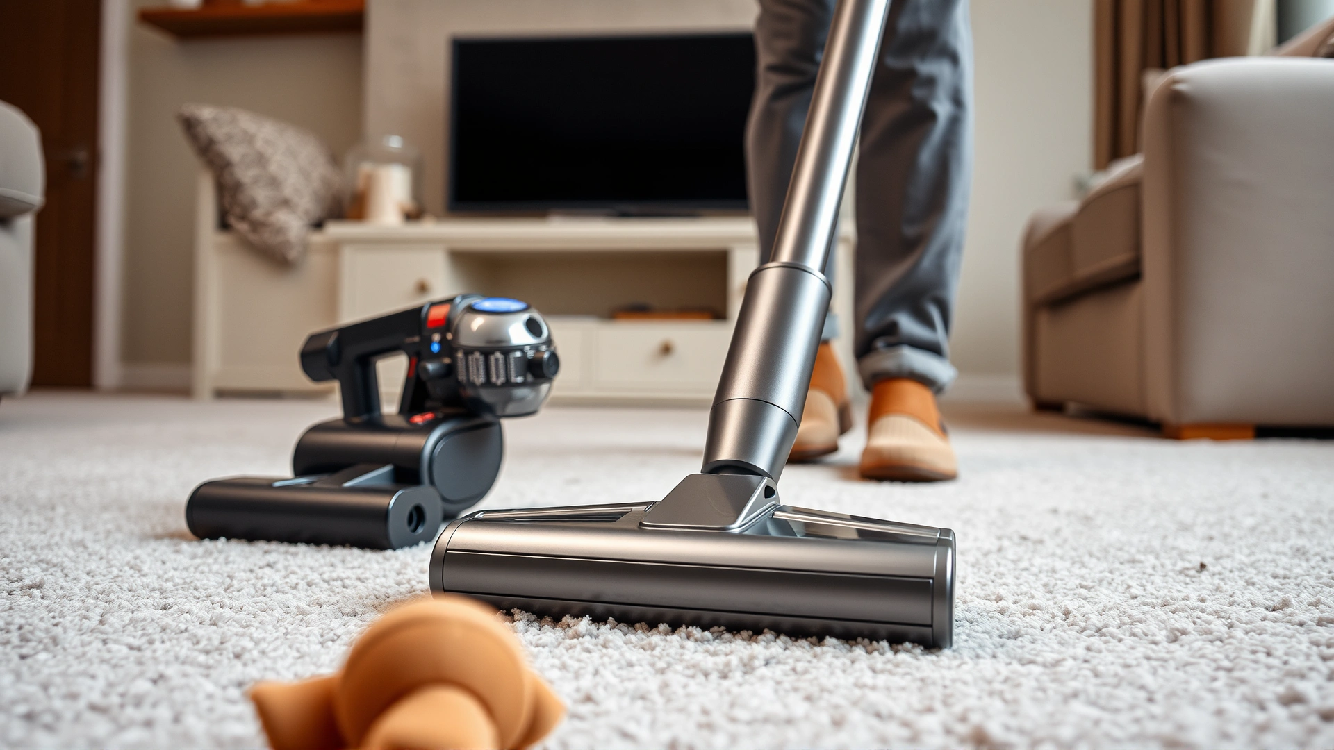 Modern cordless vacuum cleaner being used on a carpeted living room floor; a dog toy visible in the foreground; no text.