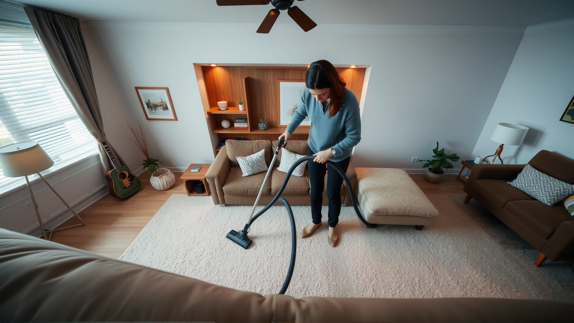 Person vacuuming a light-colored carpet in a neatly furnished living room, high angle perspective
