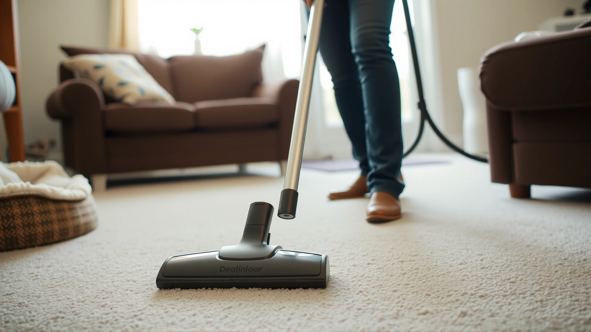 Image of a person vacuuming a carpeted floor with visible pet bedding nearby, bright clean home interior.