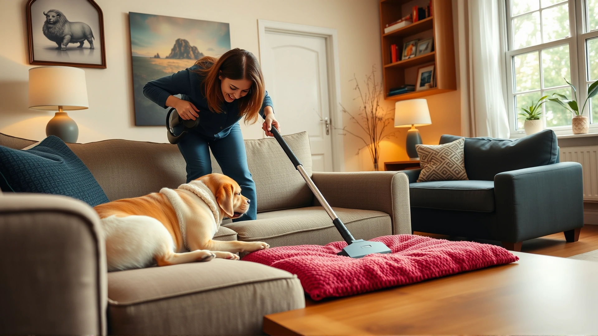 Person vacuuming a sofa and pet bedding in a cozy living room to remove flea eggs and larvae