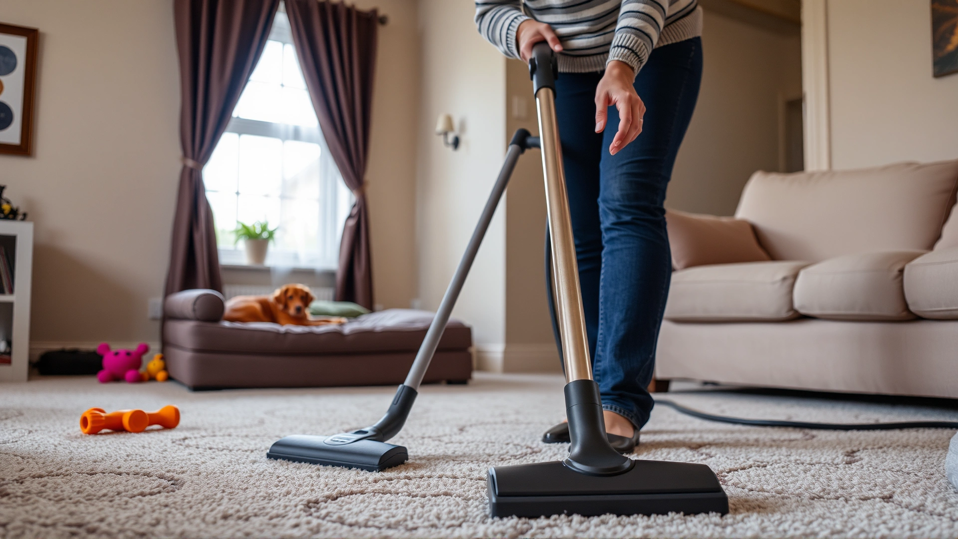 Person vacuuming a carpeted living room, with a dog bed and toys visible, conveying thorough cleaning