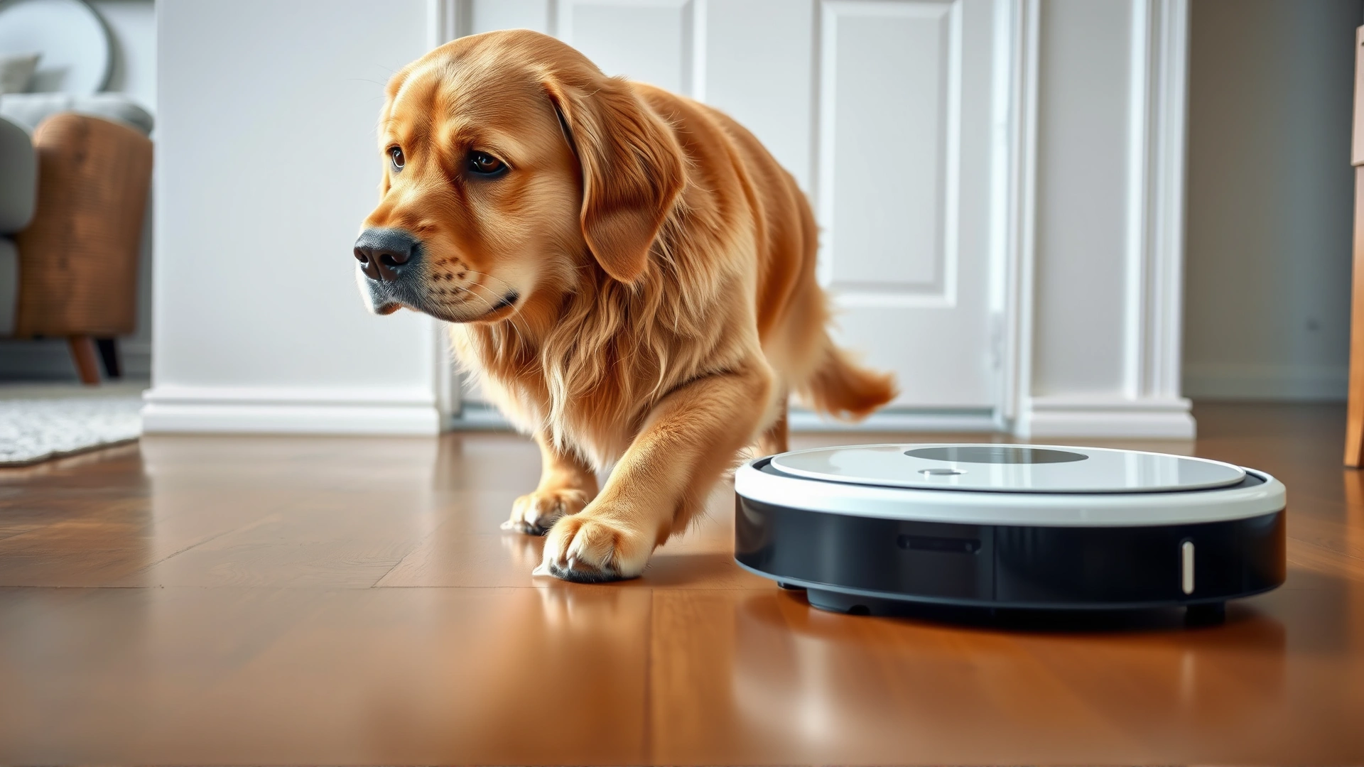 Golden retriever curiously watching a robot vacuum glide across a wooden floor.