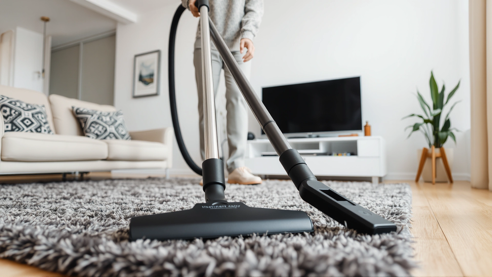 Modern living room with a person vacuuming a patterned rug, focus on vacuum head and rug fibers