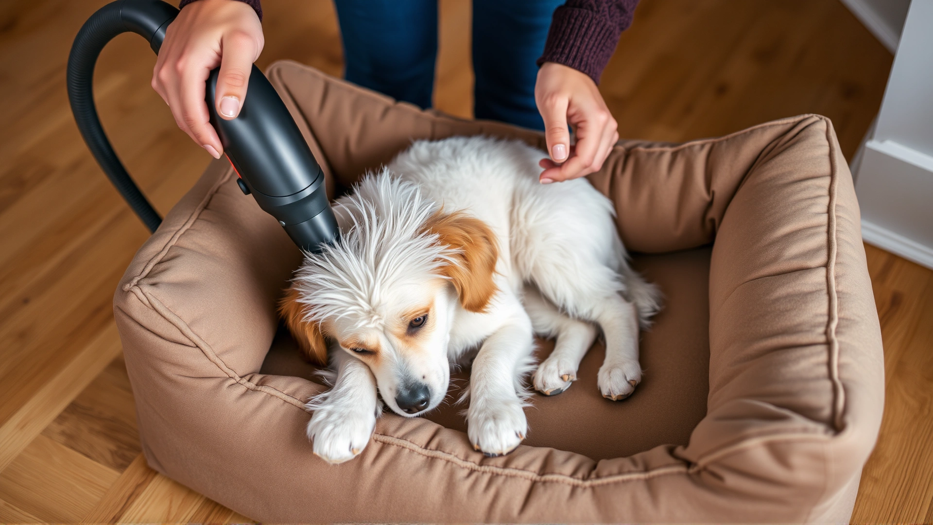 Person using a handheld vacuum cleaner to remove dog hair from a dog bed, hardwood floor visible beneath.
