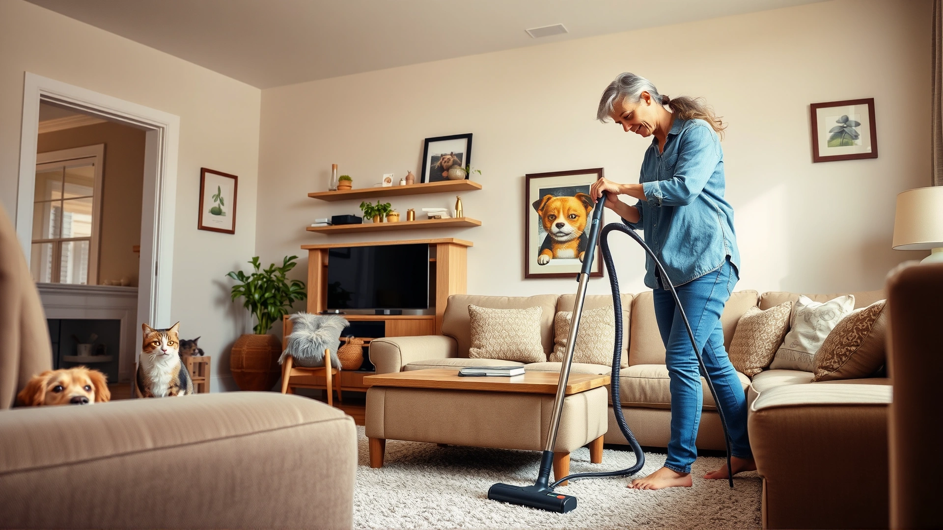Interior scene of a person vacuuming a living room with pet furniture and a curious cat observing, emphasizing home environment treatment.