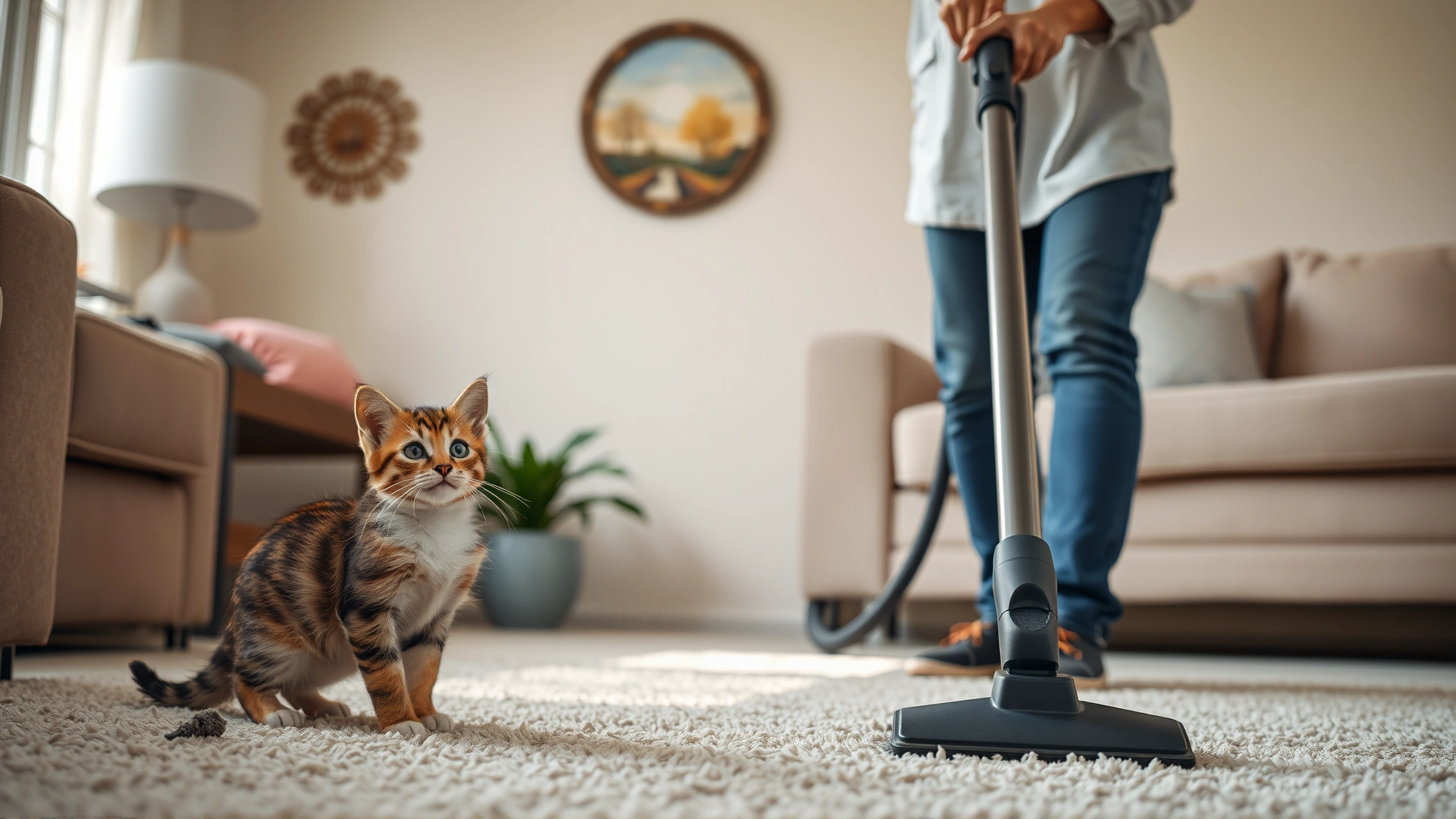 Person vacuuming a carpeted living room while a curious kitten watches, illustrating environmental cleaning