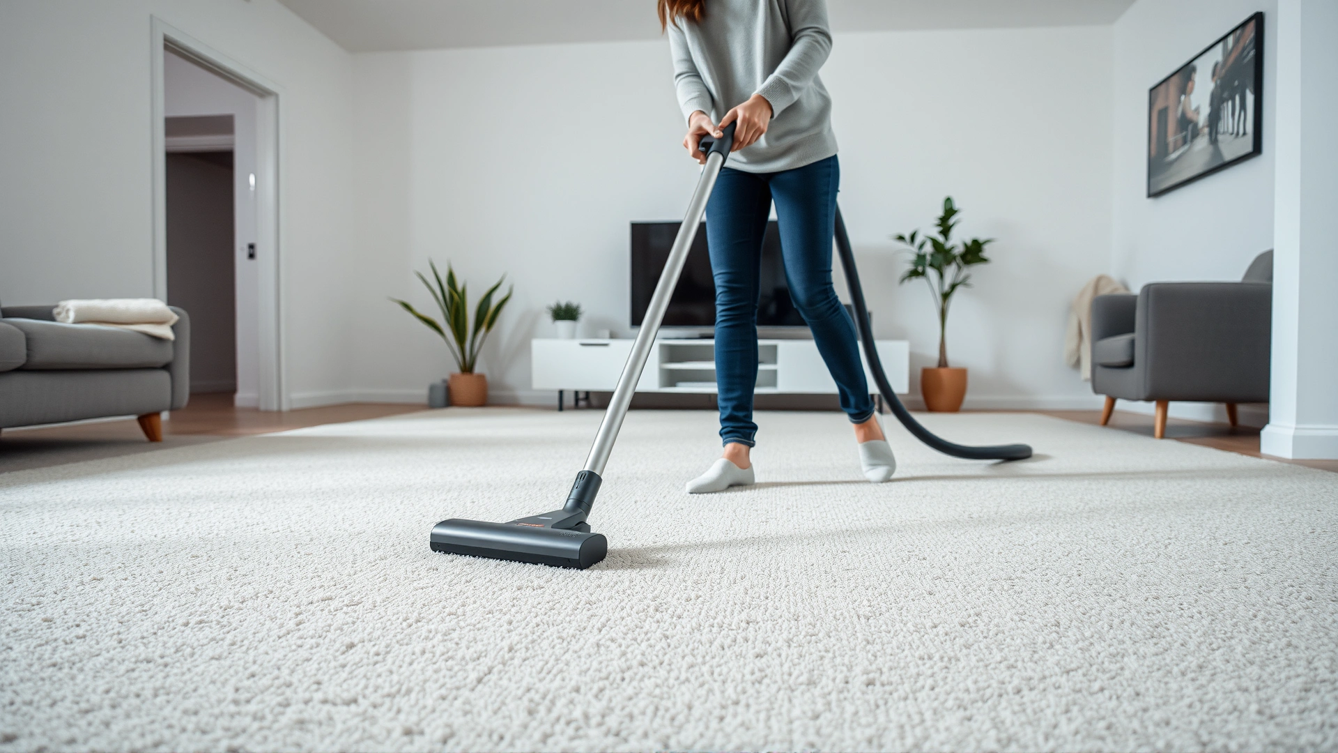 Person vacuuming a carpeted living room with a modern vacuum cleaner, focus on the floor area, minimalistic decor.