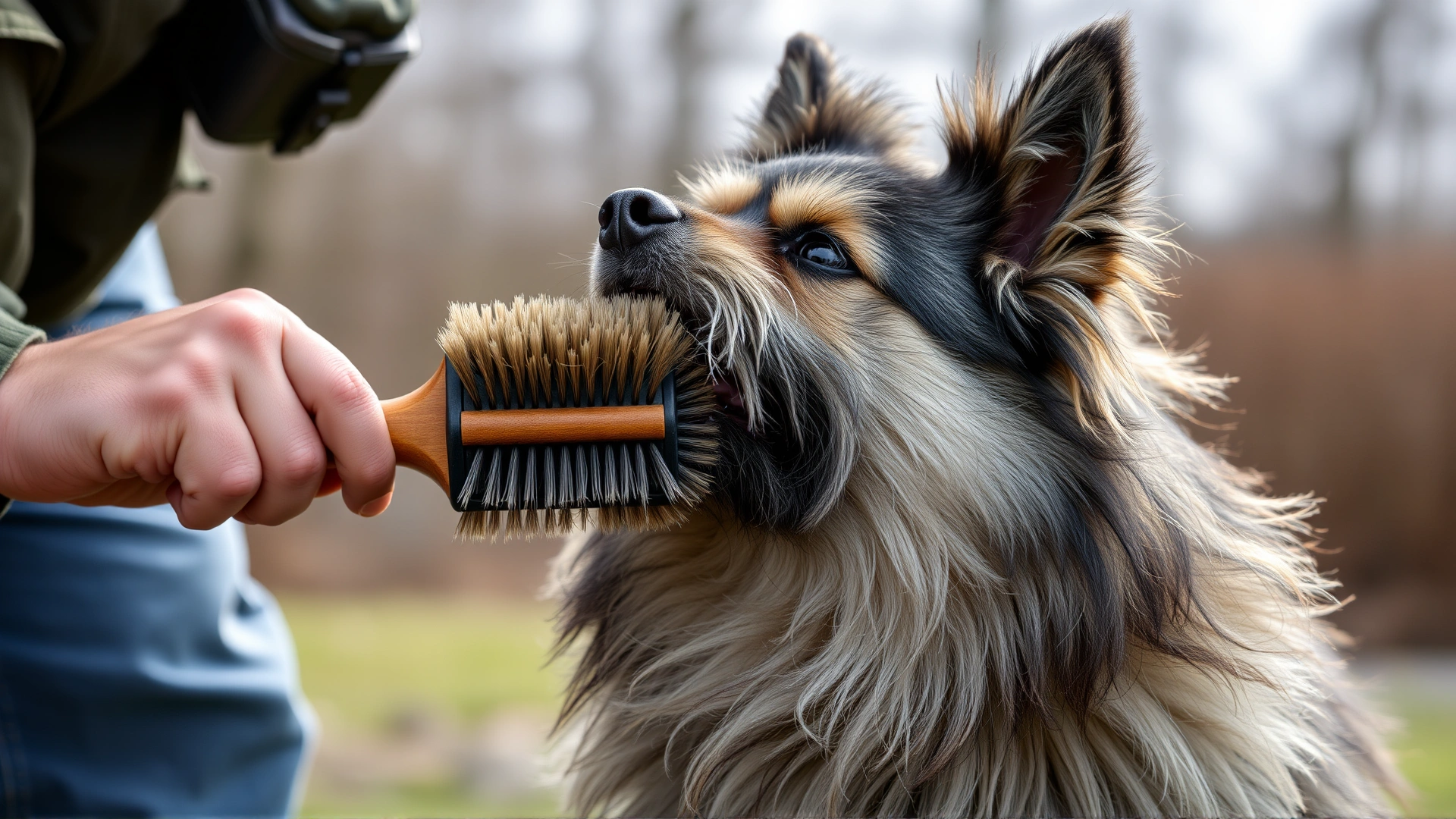 Owner brushing a Swedish Vallhund outdoors during spring shedding season, loose fur visible on the brush.