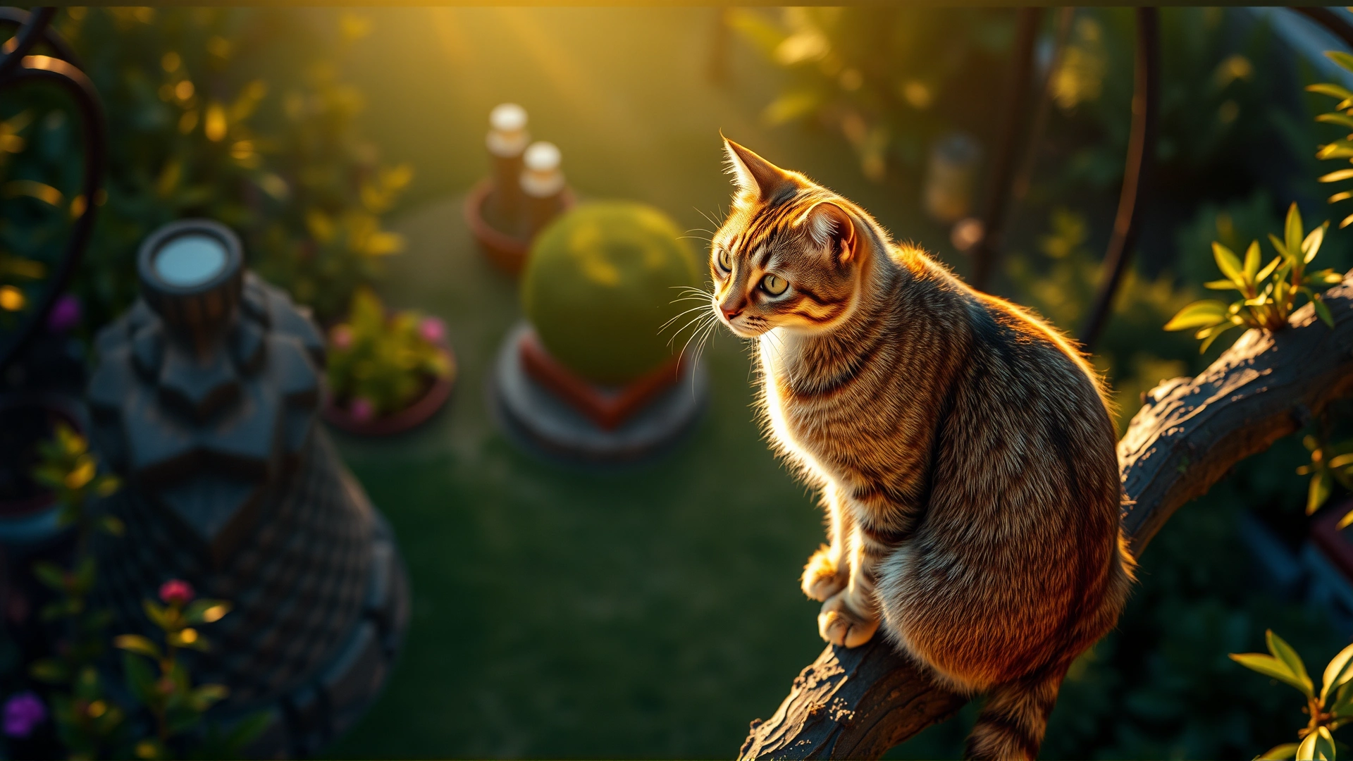 Cat perched confidently on a high branch surveying the surrounding garden from above, warm afternoon light