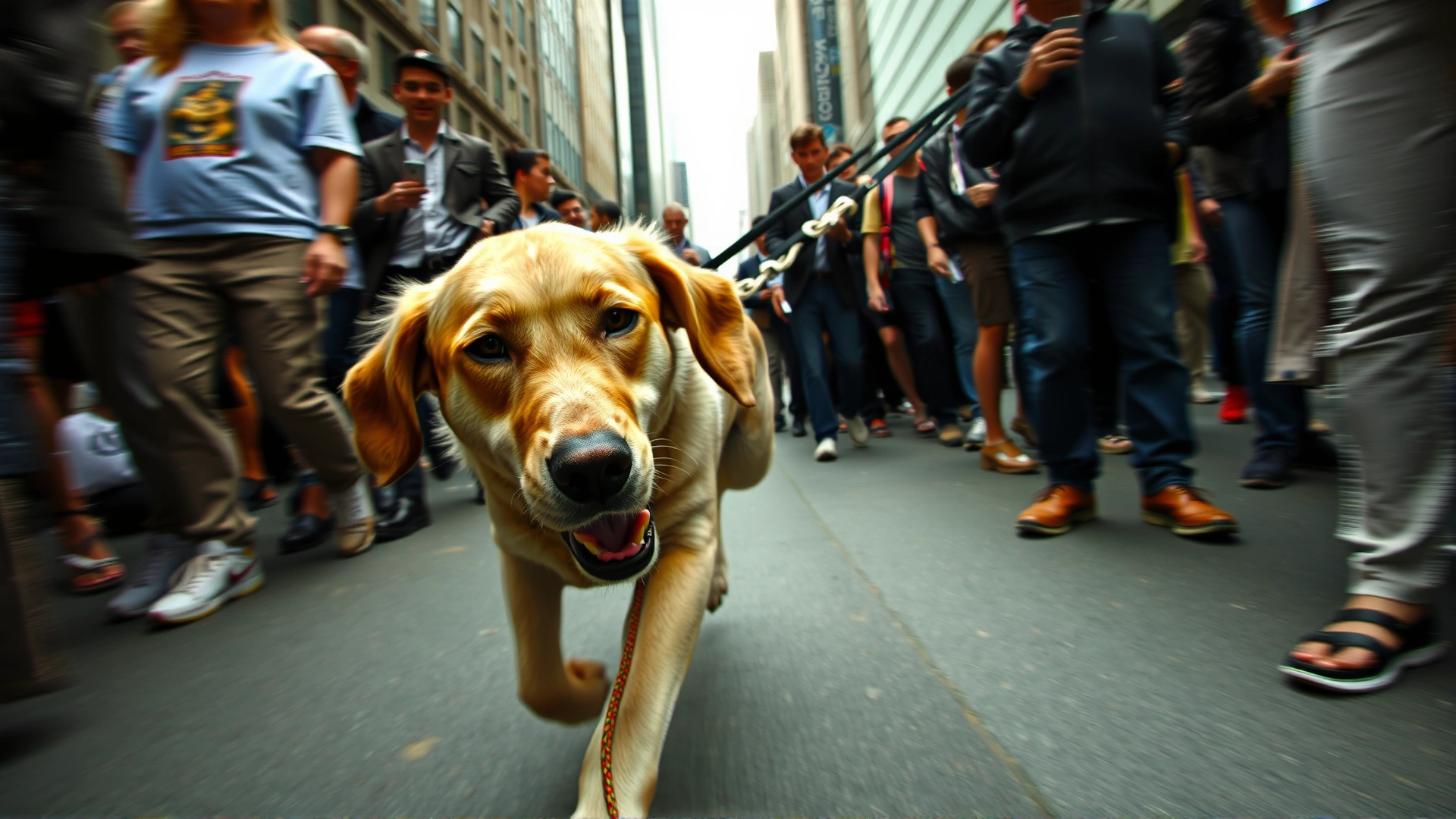 Labrador Retriever Vapor Wake dog weaving through a dense city crowd, handler partially visible holding the leash.