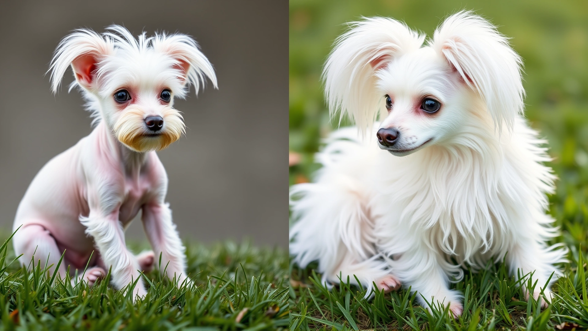 Side-by-side image showing a hairless Chinese Crested and a Powderpuff Chinese Crested sitting on grass, both looking at the camera.