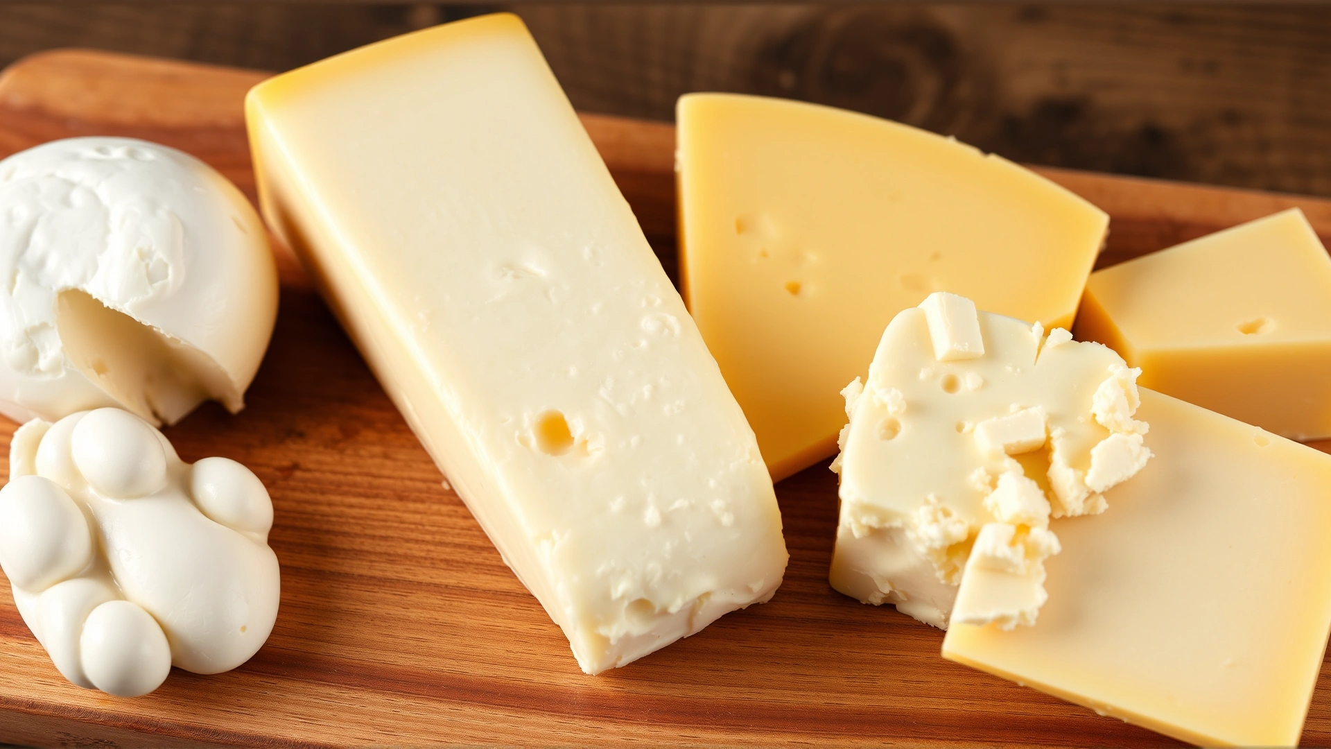 Assorted low-fat cheeses such as mozzarella, cheddar, goat cheese and cottage cheese displayed on wooden board with a dog's paw visible