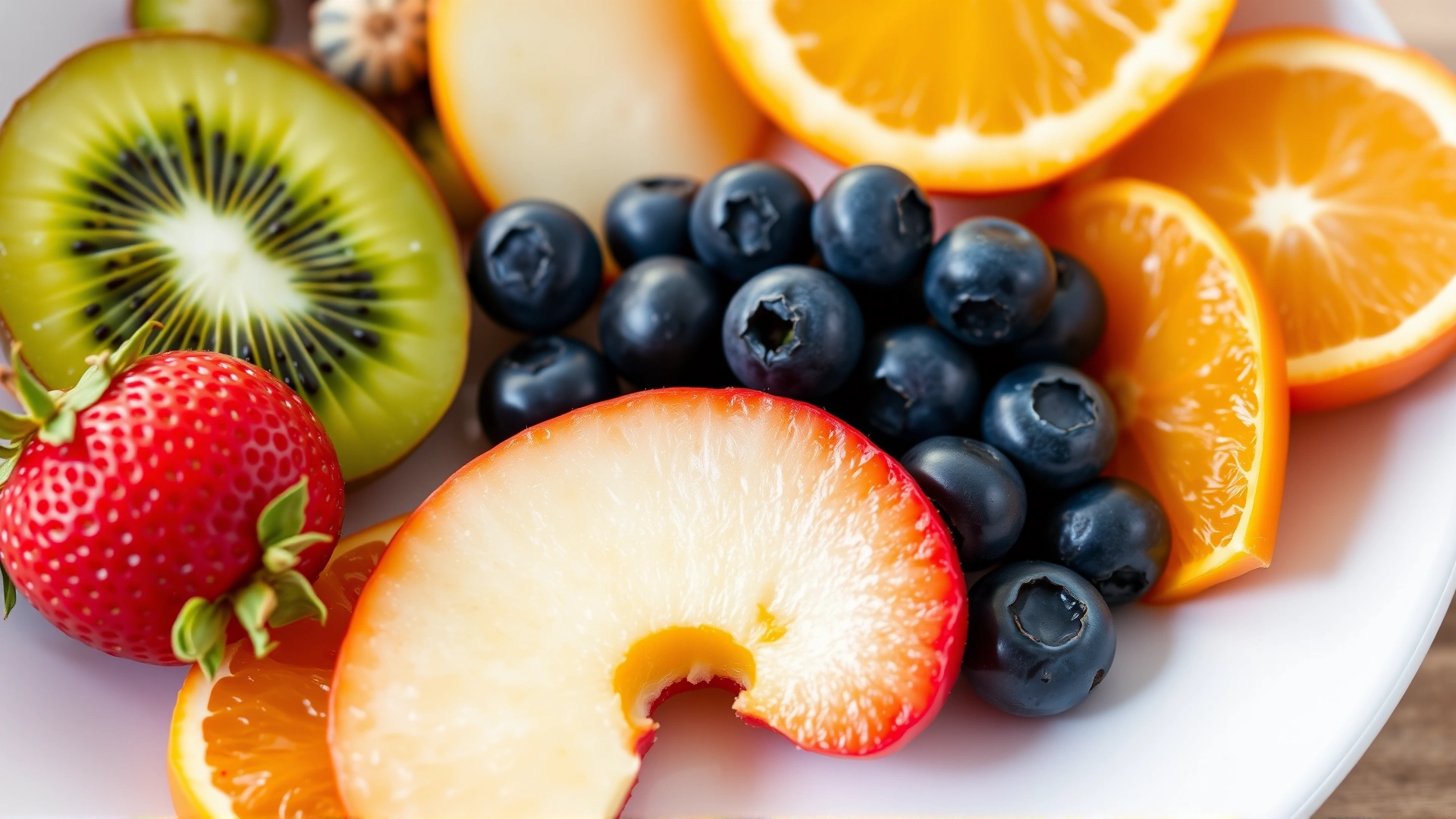 Assortment of safe fruits for guinea pigs—kiwi slice, blueberries, strawberry half, orange wedge, and apple slice—arranged neatly on a white plate