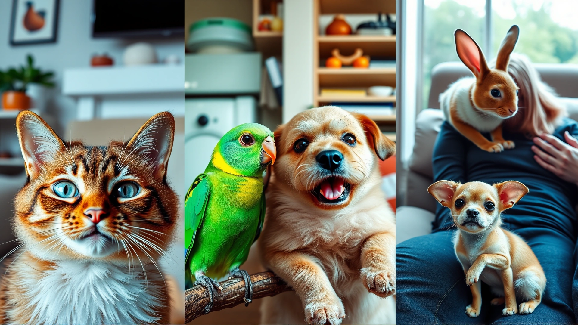 Collage-style scene showing a cat, a rabbit, a parakeet, and a small dog each interacting affectionately with humans in different home environments.