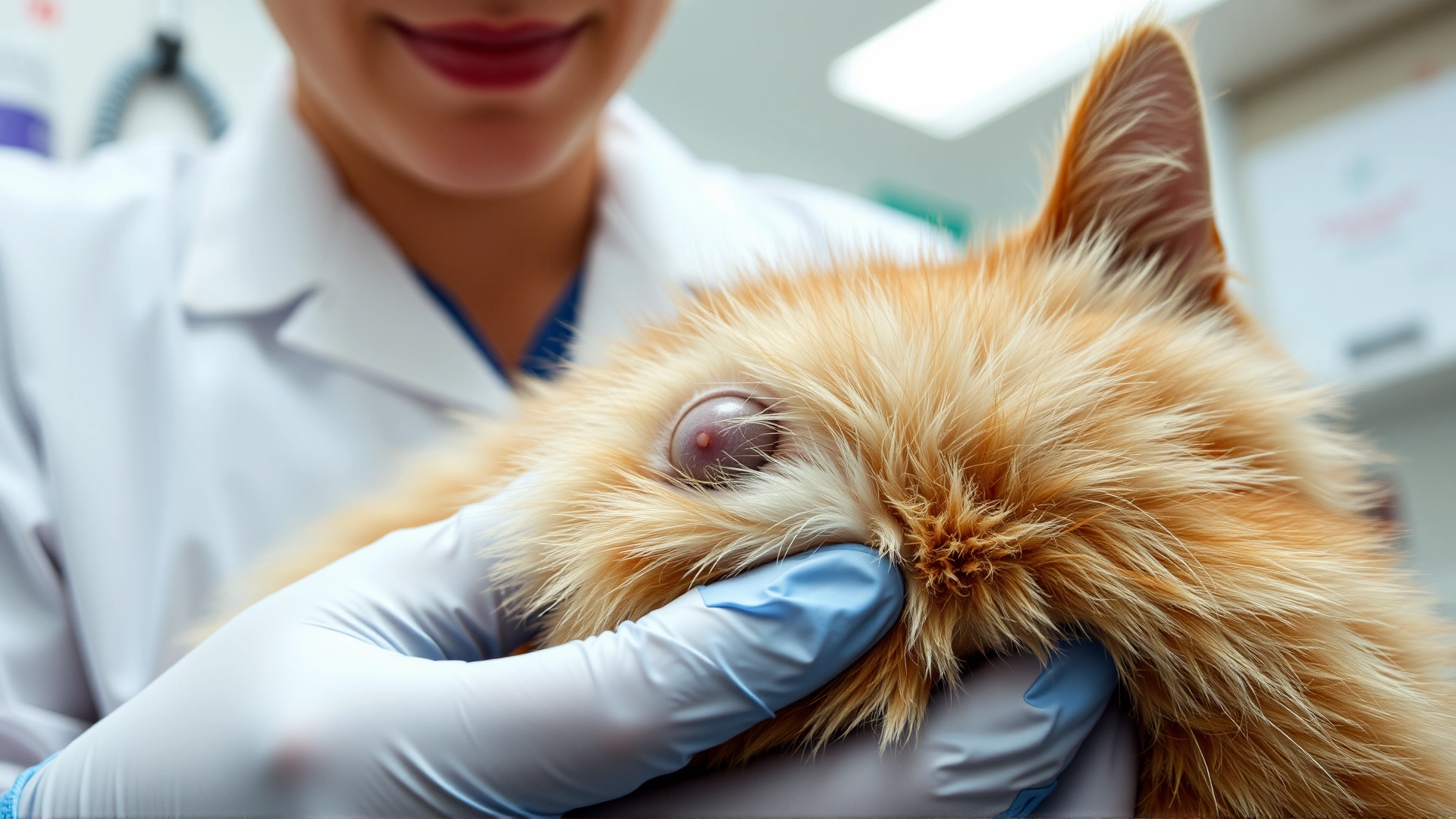 Close-up photo of a veterinarian parting a cat's fur to reveal a small, firm lump under the skin; clinic background slightly blurred.