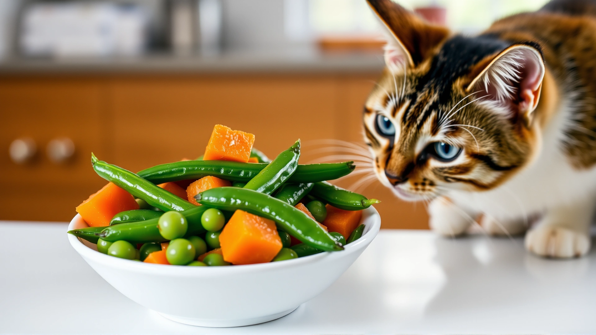 Small bowl containing steamed peas, green beans, and carrot cubes with a curious calico cat sniffing the vegetables, bright kitchen scene.