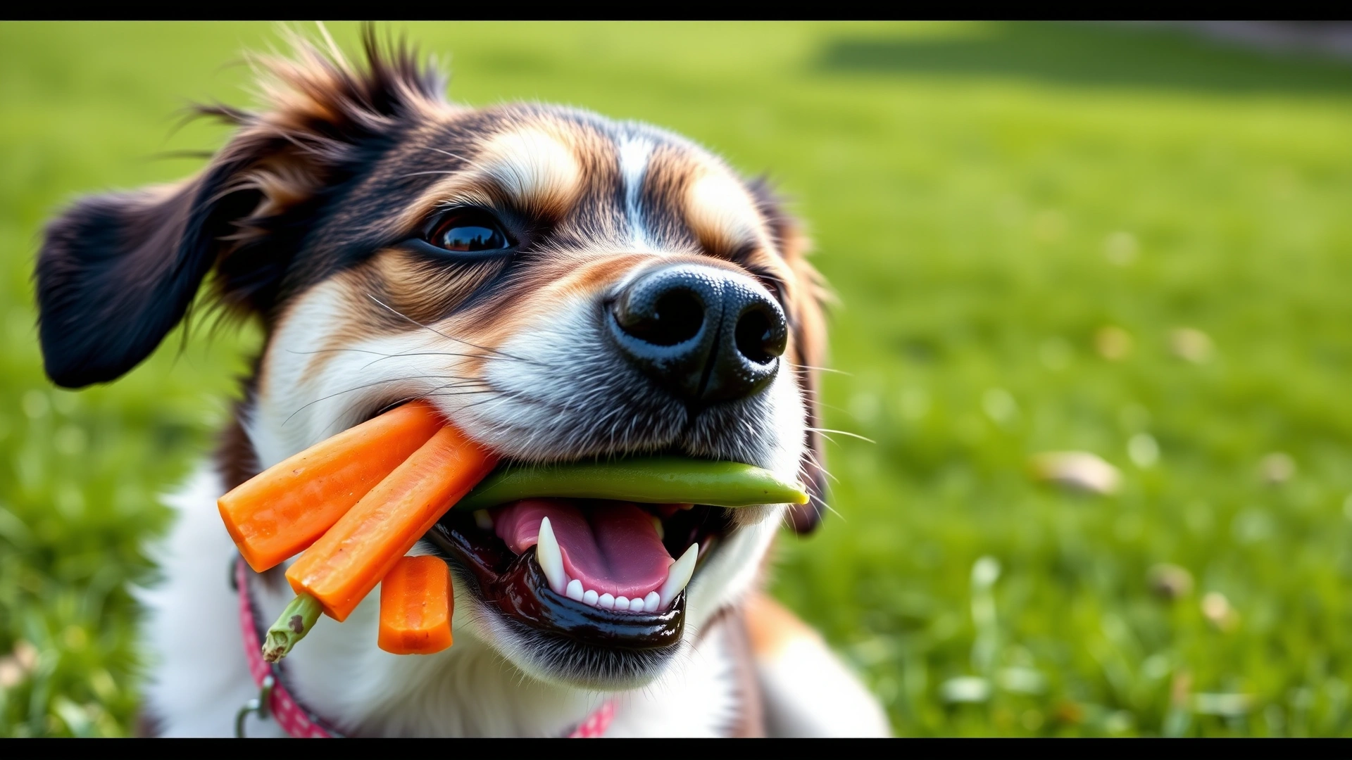 Happy dog munching on sliced carrots and green beans outdoors on green grass, natural daylight.