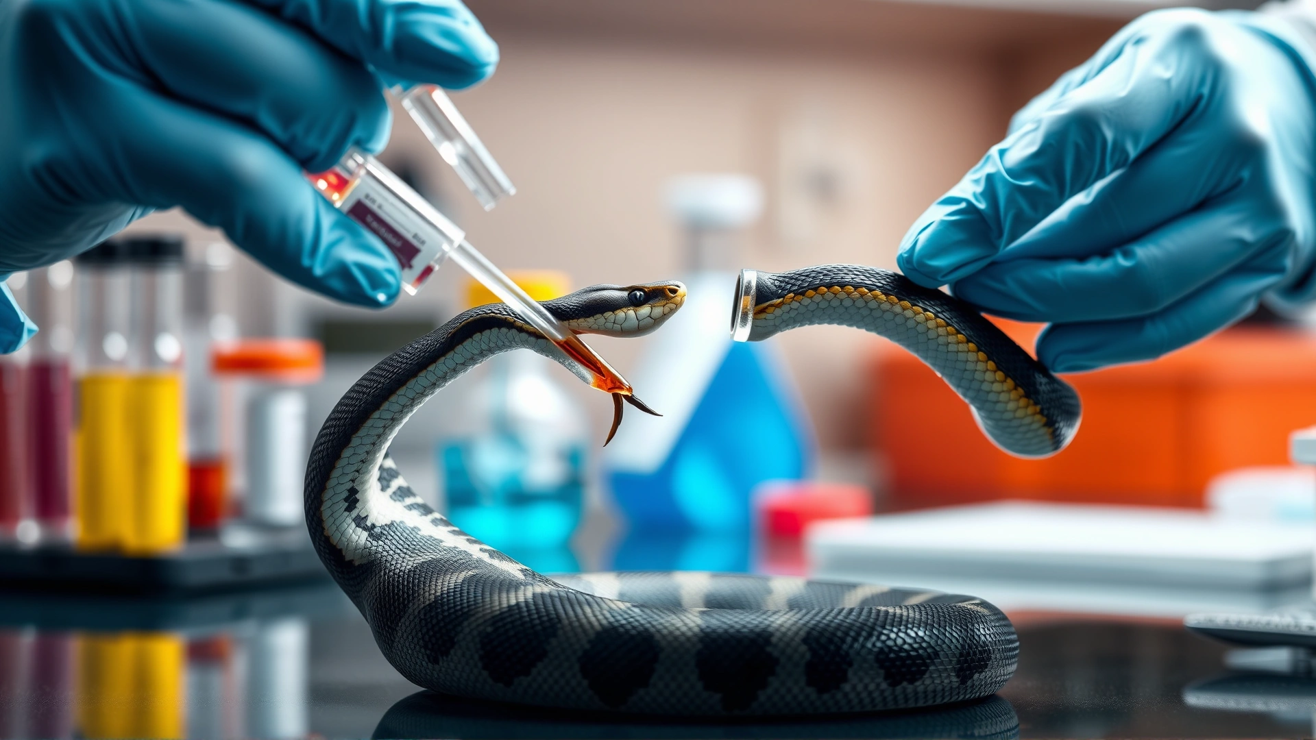 Laboratory scene with a scientist in gloves extracting venom from a cobra into a collection vial, with test tubes and medical equipment blurred in the background.