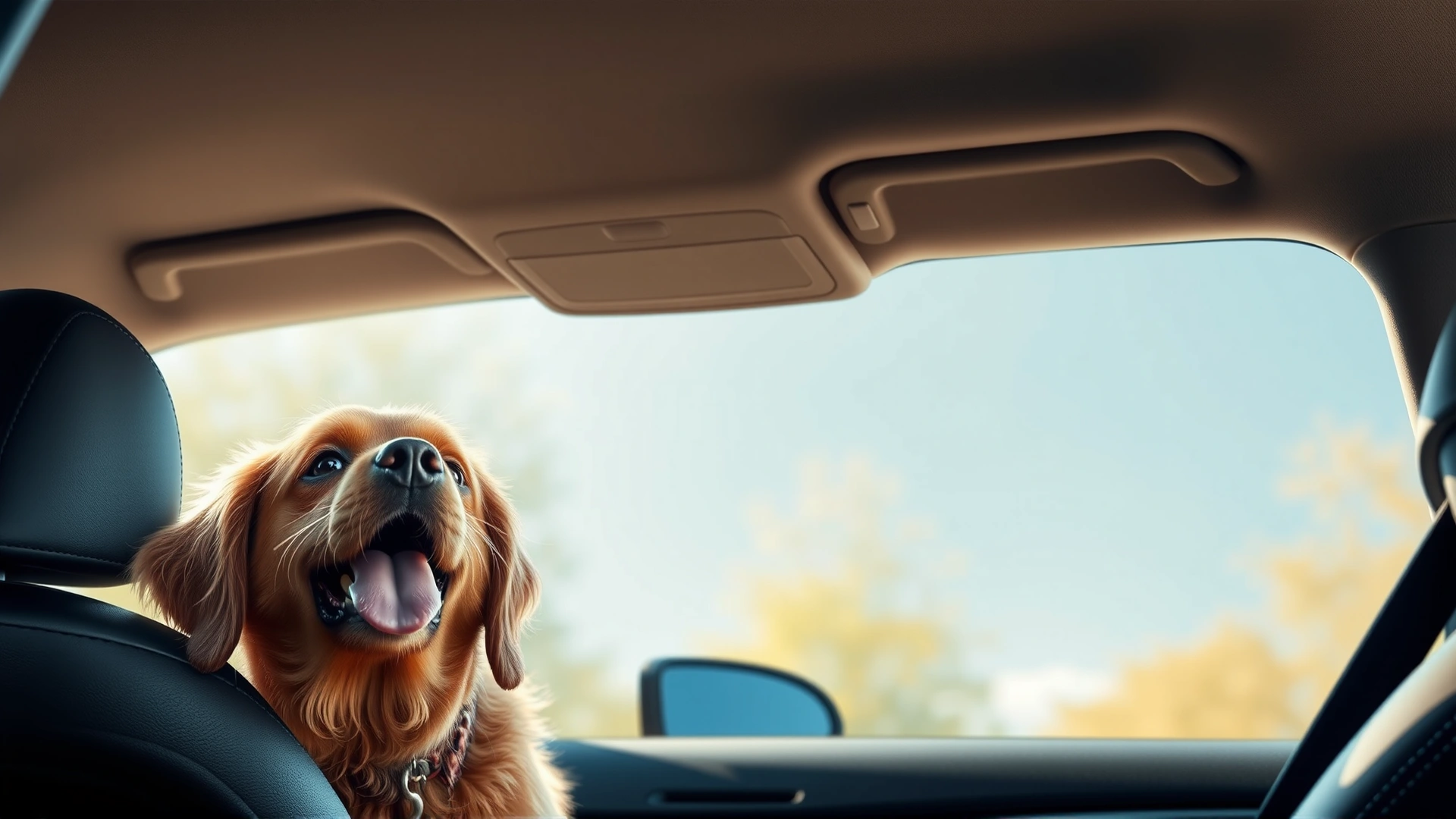 Interior shot of a car with windows slightly open and a dog panting comfortably in the back