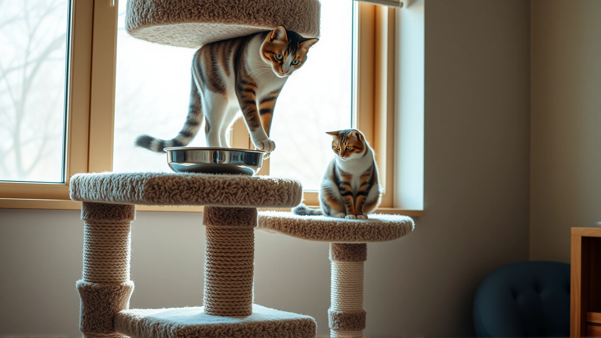 A multilevel cat tree with a bowl of food on an elevated perch, one cat eating on top while another cat stays on ground level, daylight coming through window