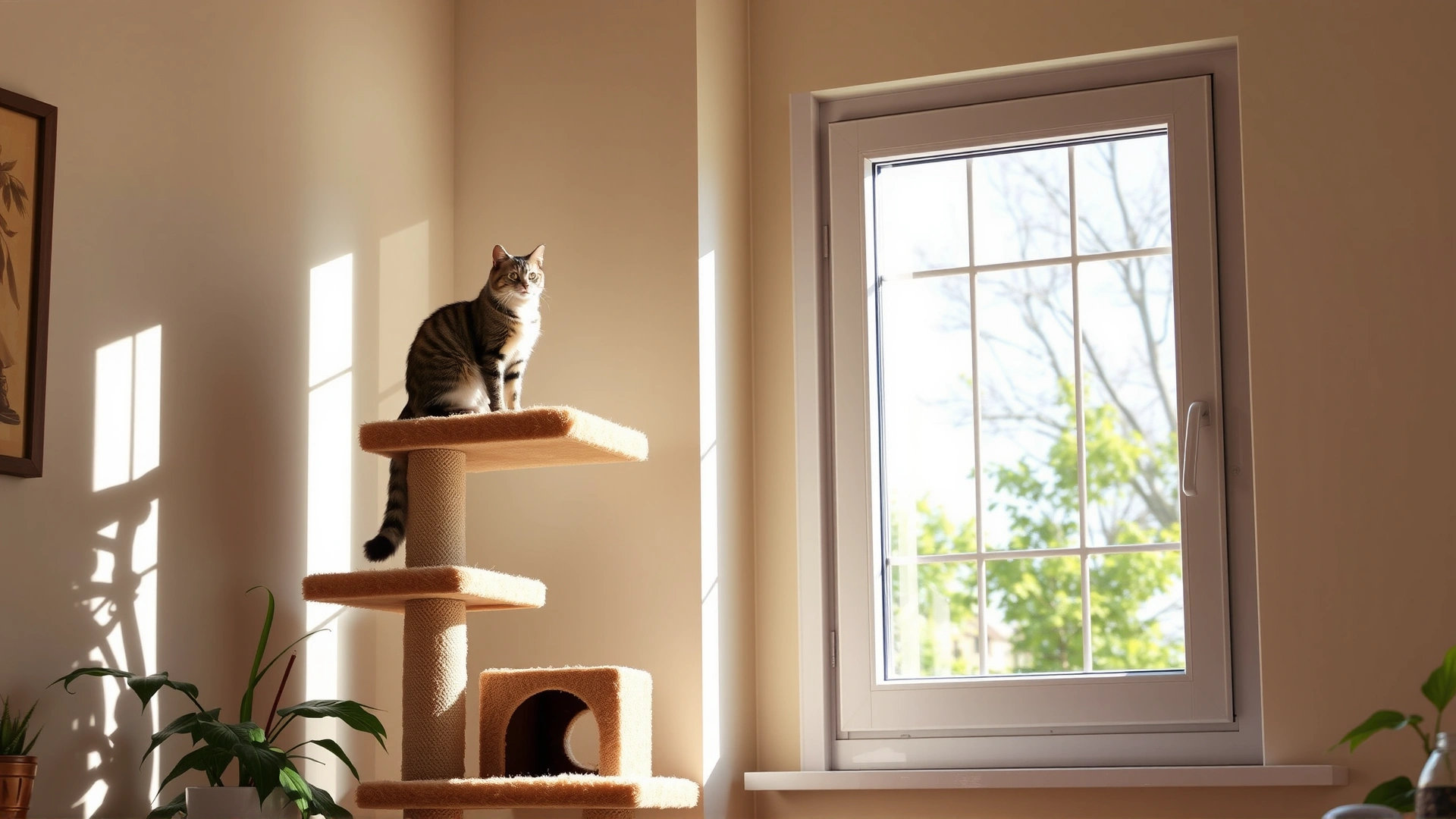 Bright indoor scene with a tall cat tree next to a window; a confident cat is perched on the highest platform looking outside