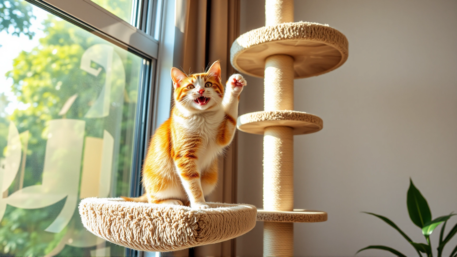 A happy cat climbing a modern multi-level cat tree next to a sunny window, illustrating environmental enrichment.