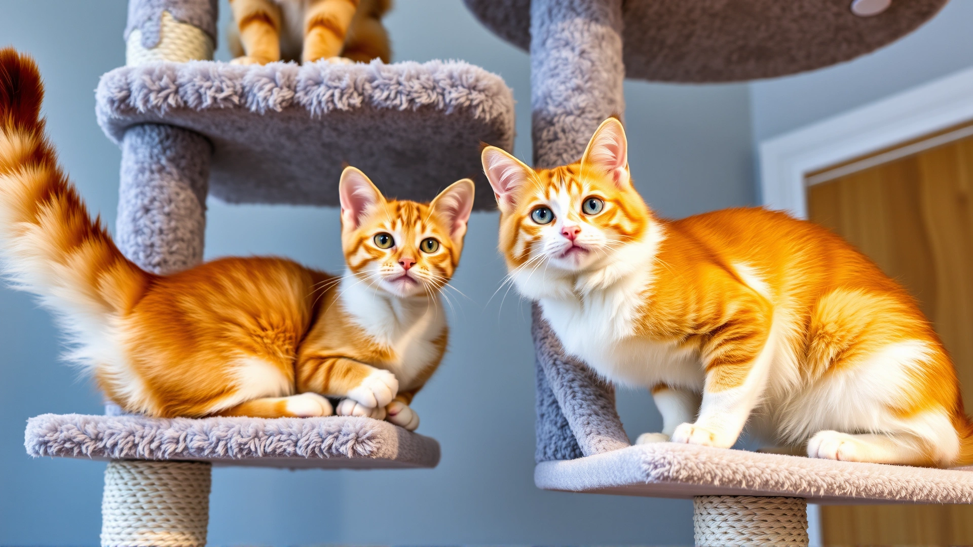 Two cats at different heights on a multi-level cat tree, one on the top perch and the other in a middle cubby, illustrating vertical territory sharing.