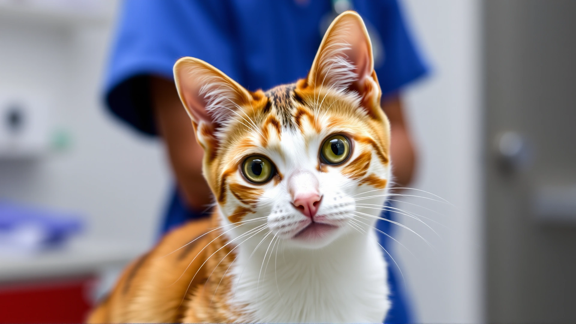 Cat sitting with noticeable head tilt and eyes showing subtle nystagmus, photographed in a veterinary clinic setting.