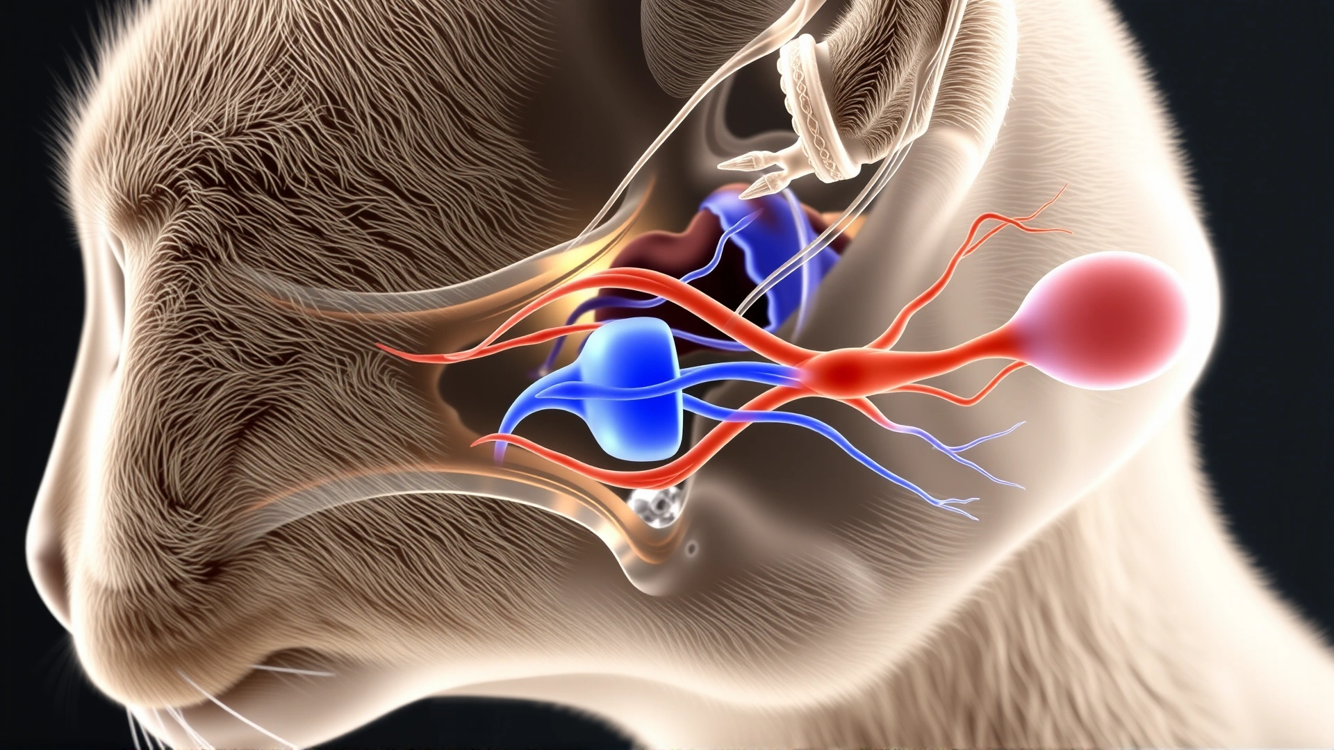 3D rendered illustration of a cat's inner ear and vestibular system, translucent style, no text.