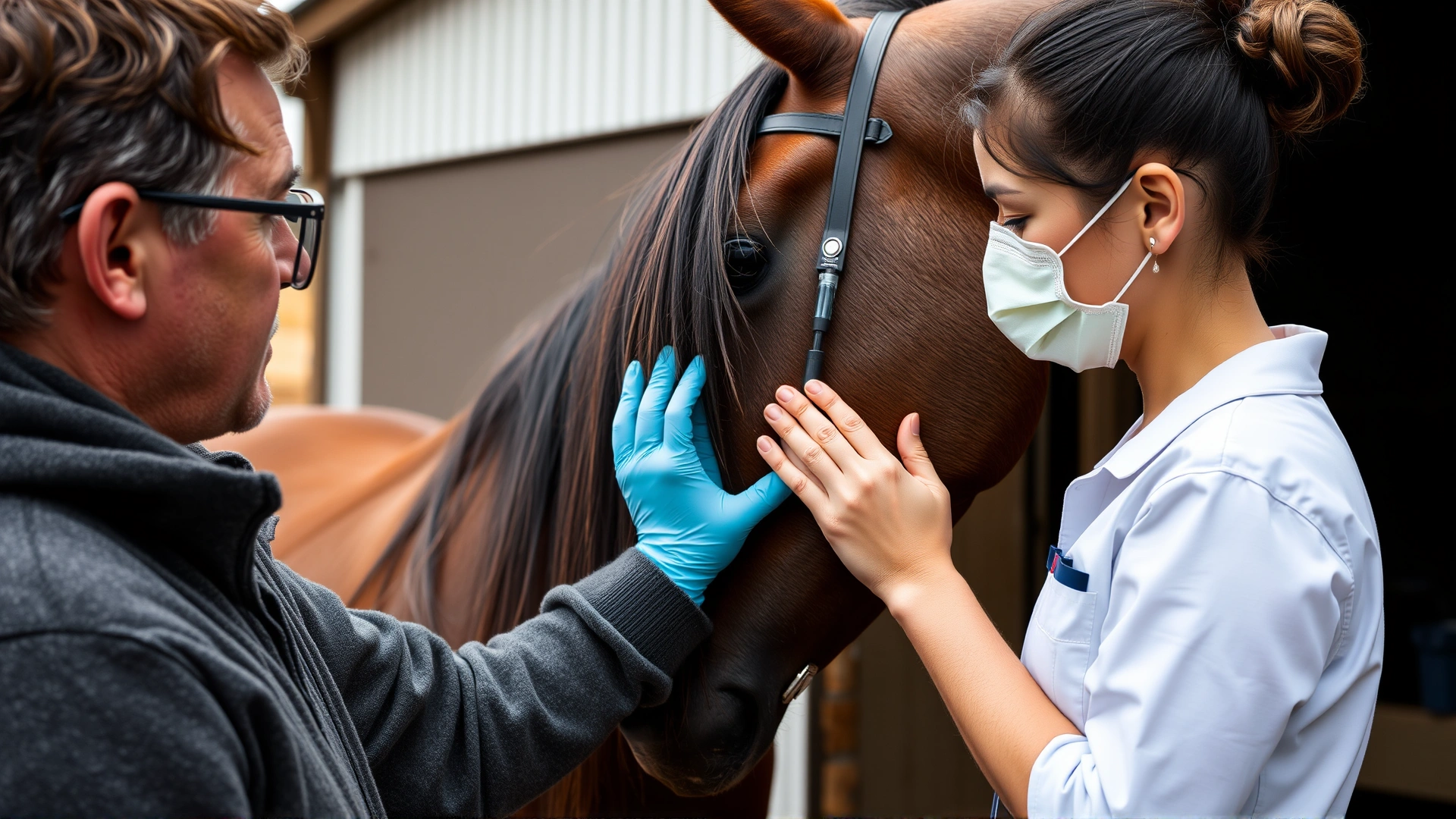 Side view of a horse owner comforting their horse while a vet administers a vaccine, highlighting the calm environment.