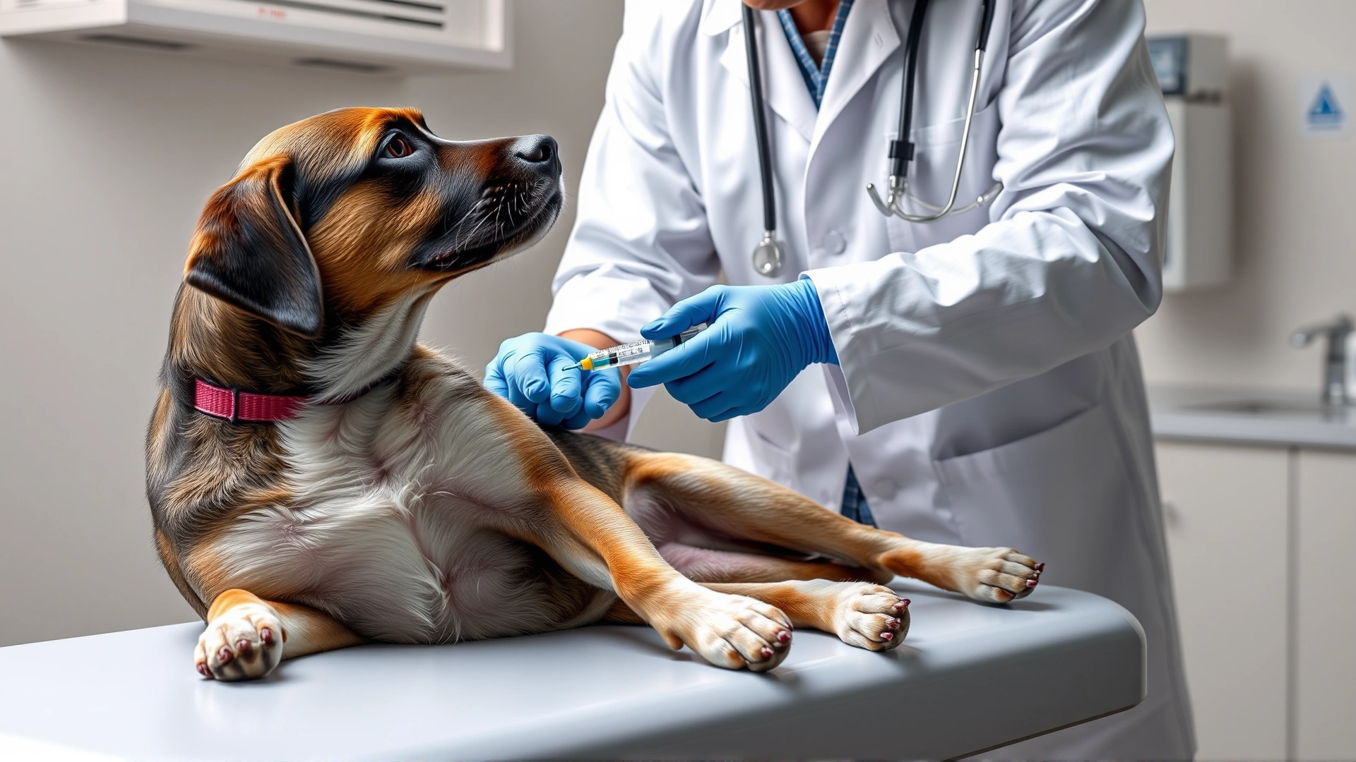Veterinarian in white coat gently administering an intravenous injection to a calm dog on an examination table, clinic setting, no text