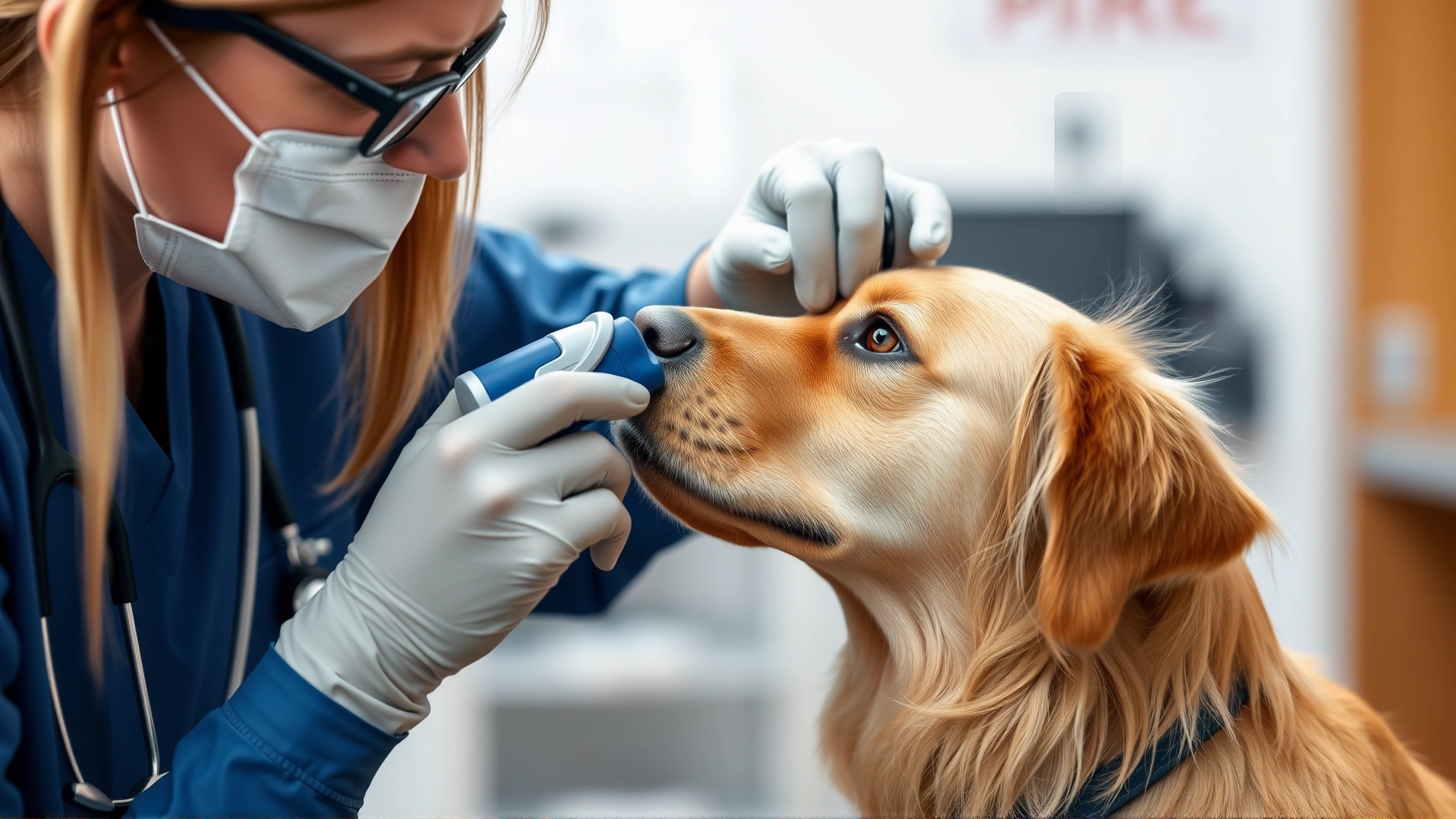 Veterinarian gently giving a small pill to a golden retriever using a pill gun, clinical setting, calm atmosphere, high resolution.