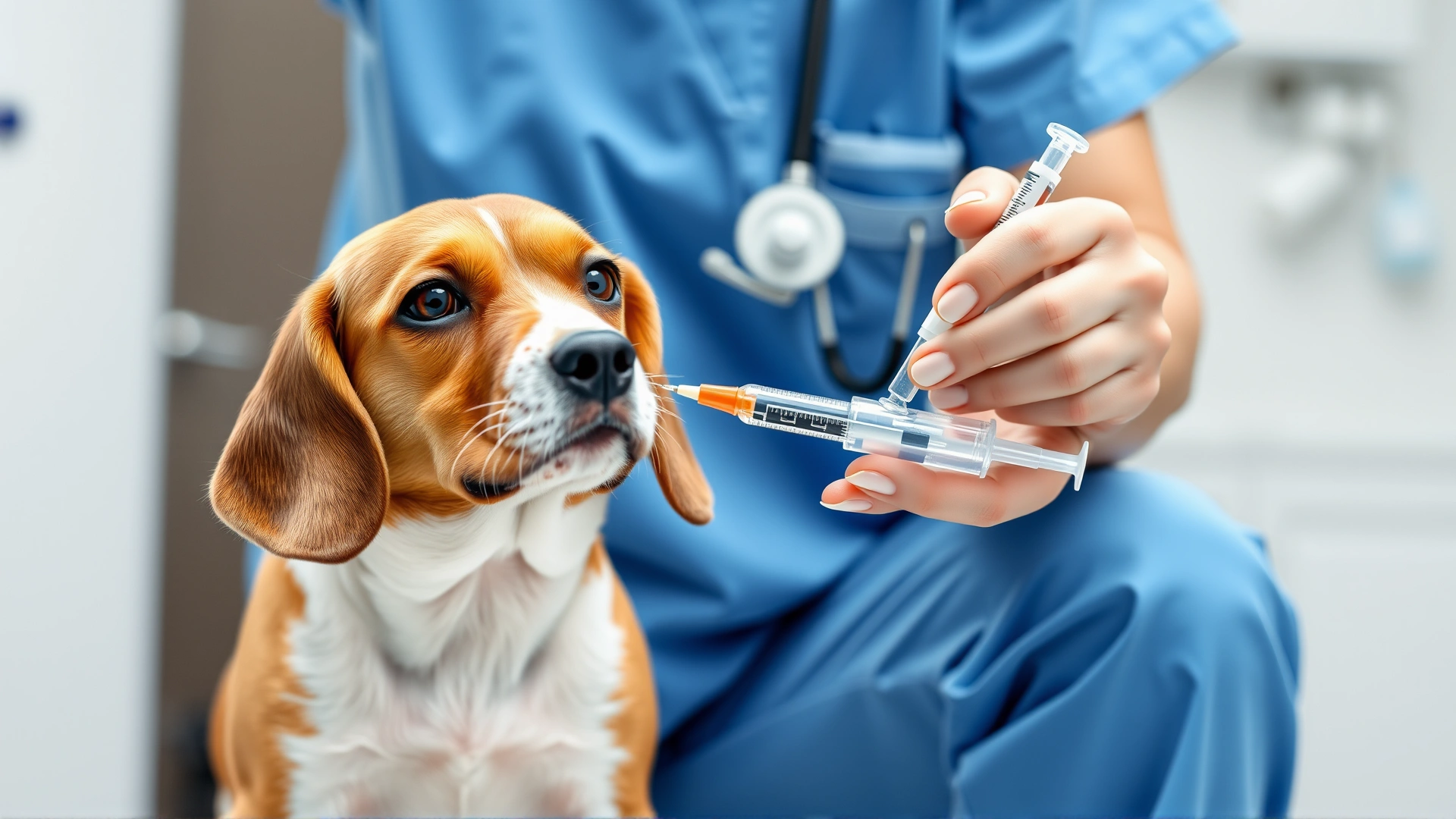 Veterinarian wearing blue scrubs gently administering liquid medication with an oral syringe to a small beagle in a clean clinic setting. No text.