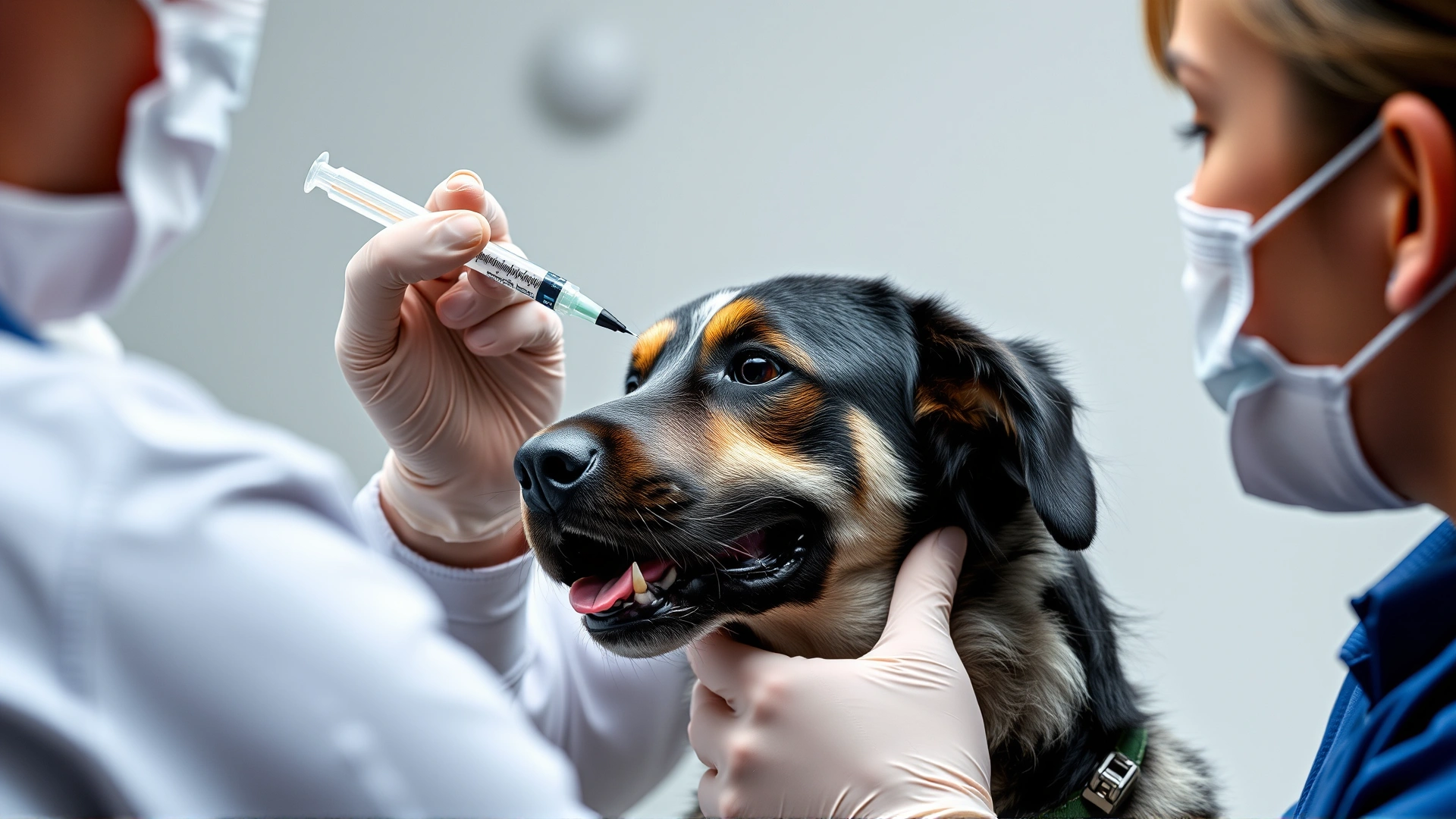 Veterinarian gently administering activated charcoal slurry to a medium-sized dog with an oral syringe while an assistant holds the dog.