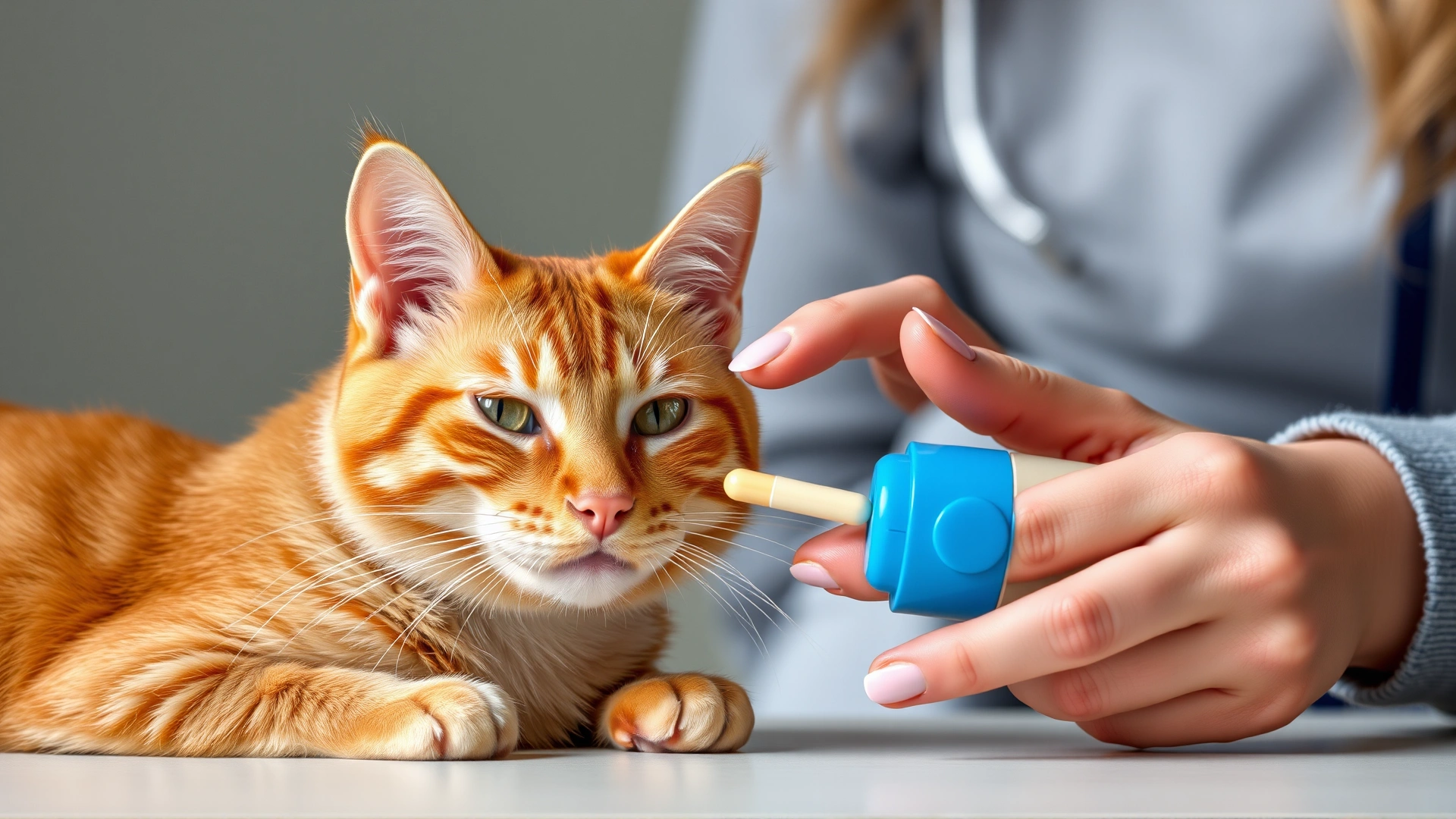 Pet owner giving a pill to a ginger cat using a pill popper, cat calm and cooperative