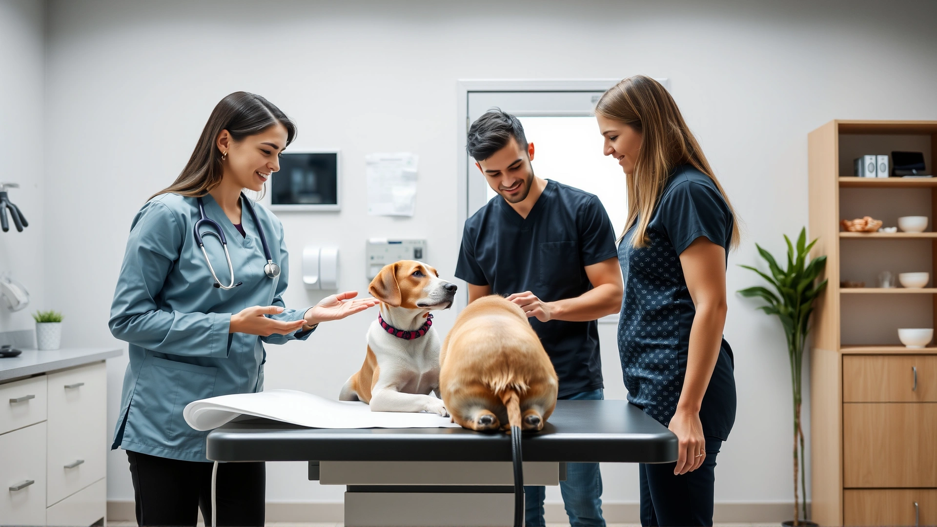 Female veterinarian in a modern clinic speaking to a young couple while gently examining their dog on the exam table