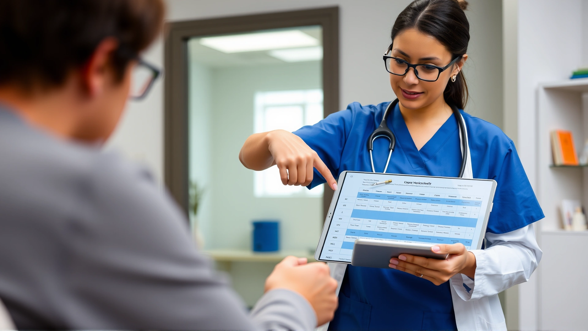 Professional female veterinarian pointing at a vaccination schedule chart on a tablet while talking to a pet owner, office environment, no visible text on chart.