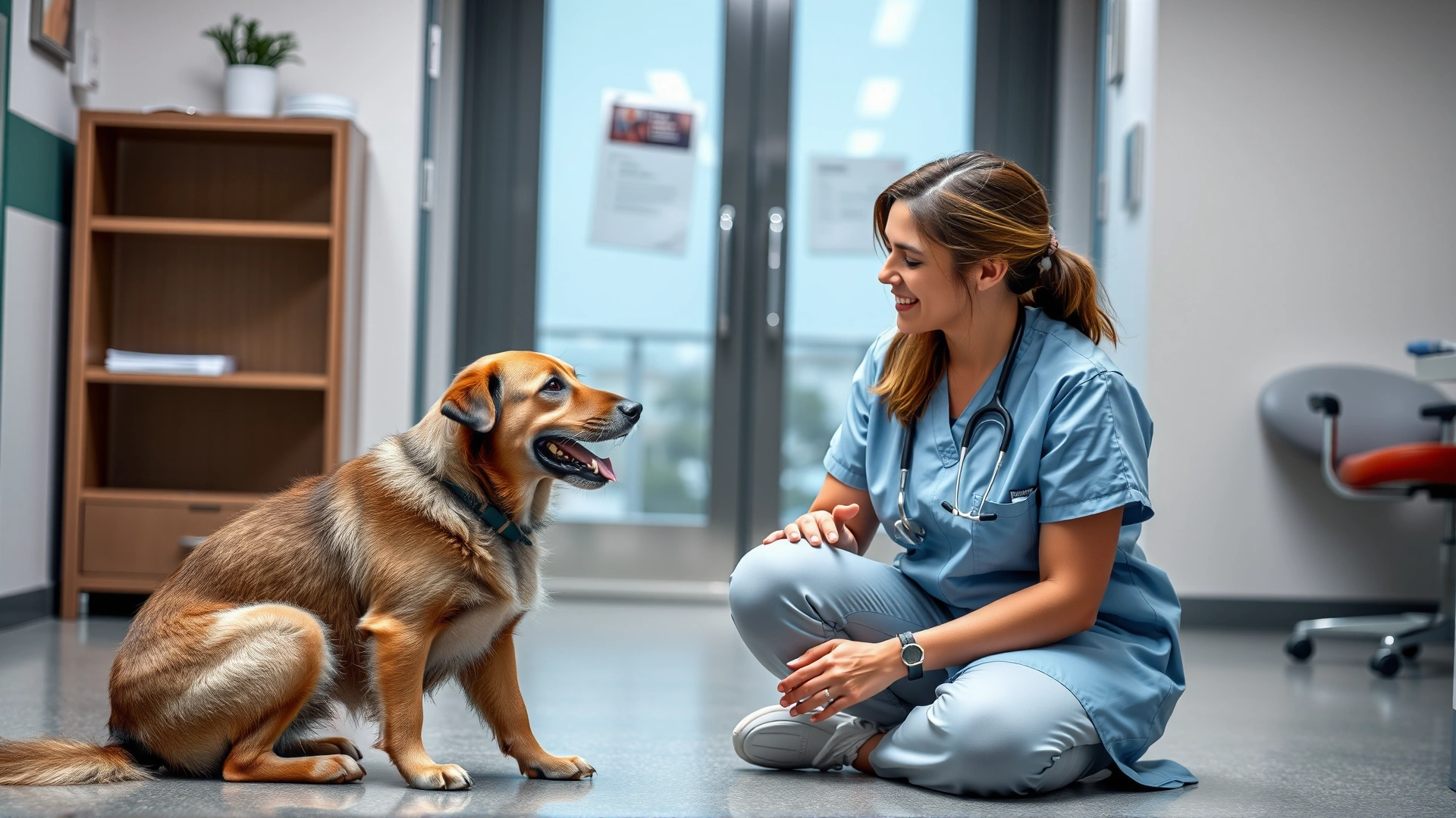 Veterinarian kneeling beside a dog while talking to its owner in a modern clinic, friendly atmosphere.