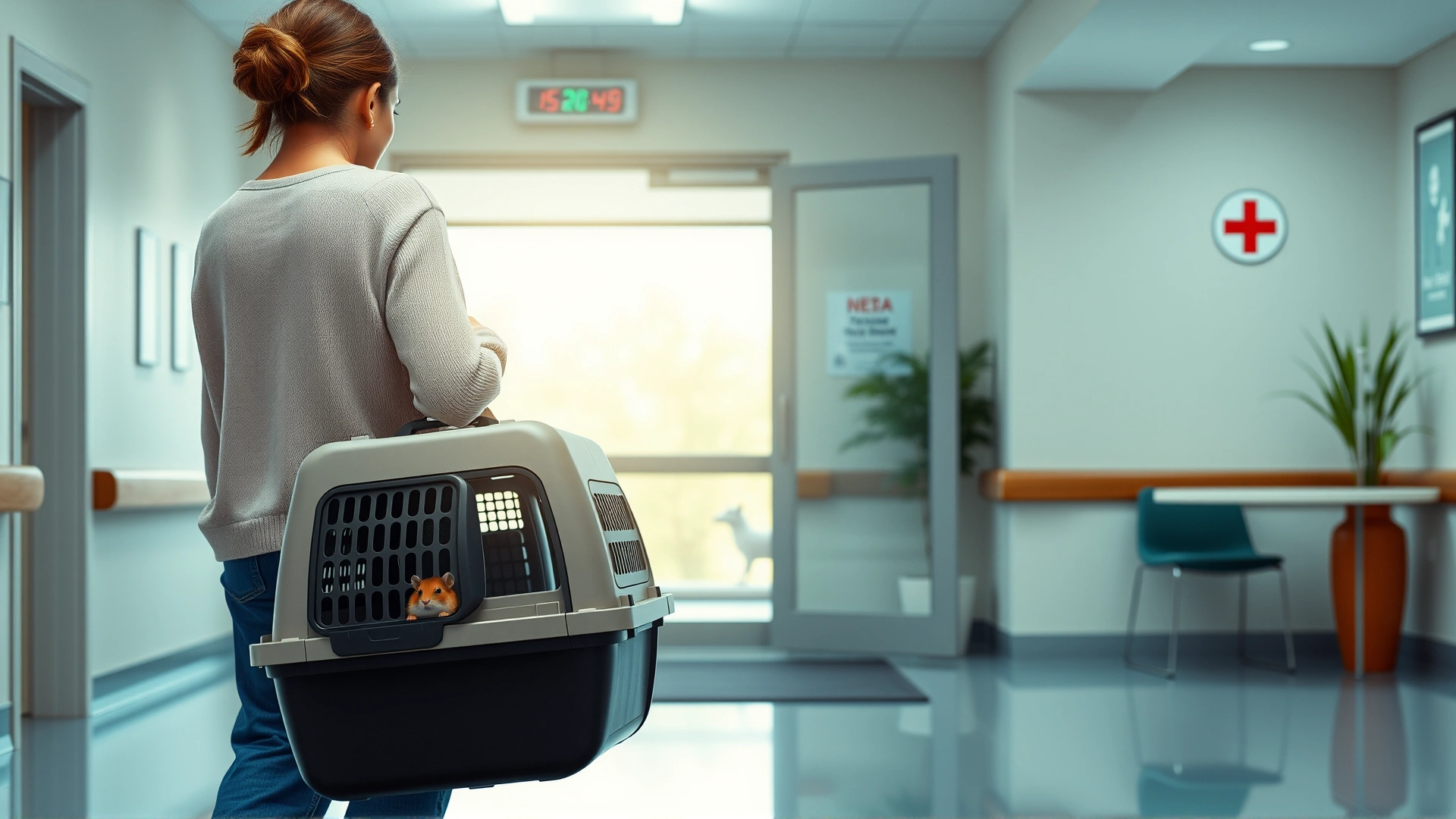 Owner carrying a hamster in a ventilated travel carrier while entering a bright veterinary clinic lobby