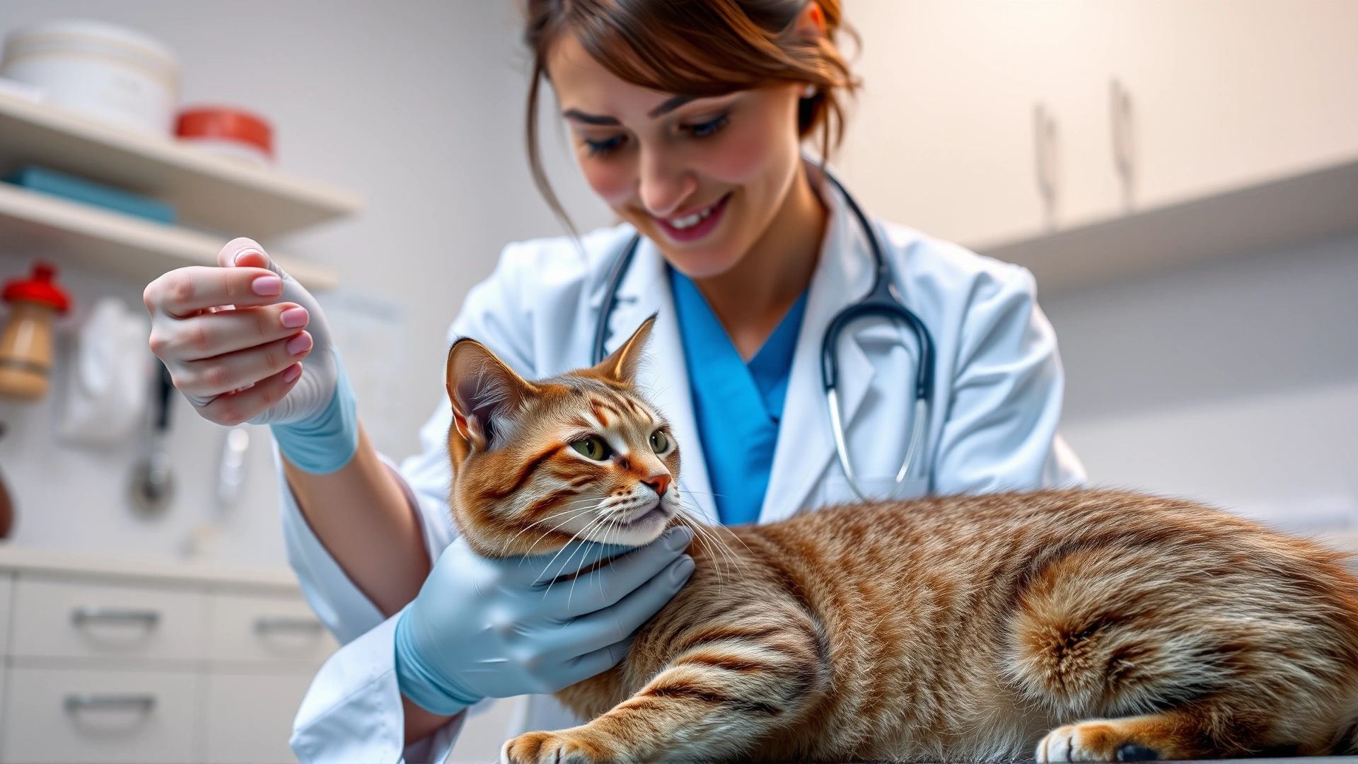 Female veterinarian in white coat gently examining a calm cat in a clinic setting, bright clinical lighting, friendly atmosphere.