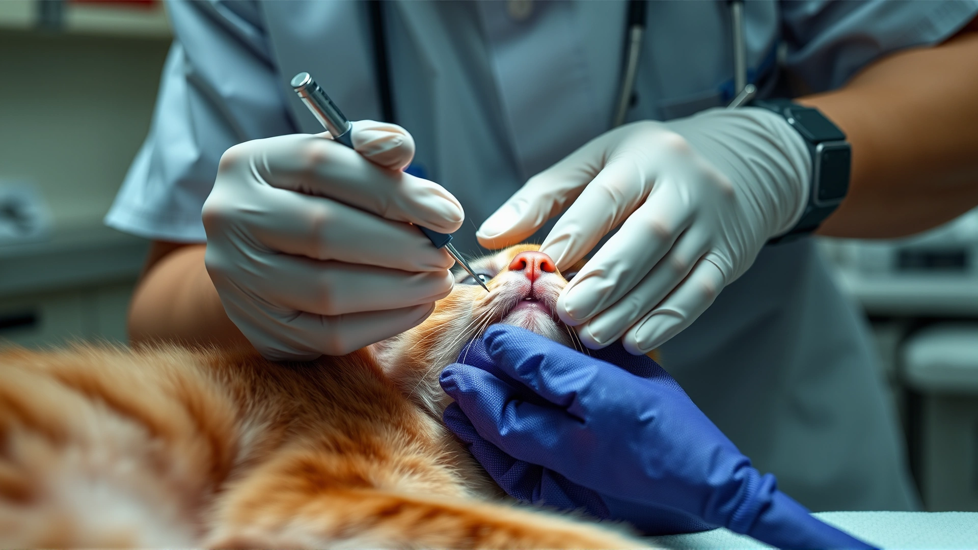 Veterinarian wearing gloves performing a fine-needle aspiration biopsy on a cat’s skin lump in a clinical setting.