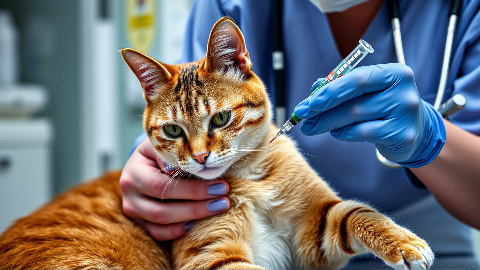 Veterinarian taking a blood sample from a calm cat's front leg using a syringe, clinic background