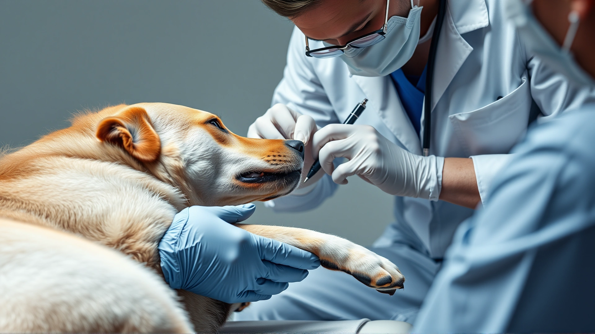 Veterinarian drawing blood from a calm dog’s front leg while an assistant gently holds the dog