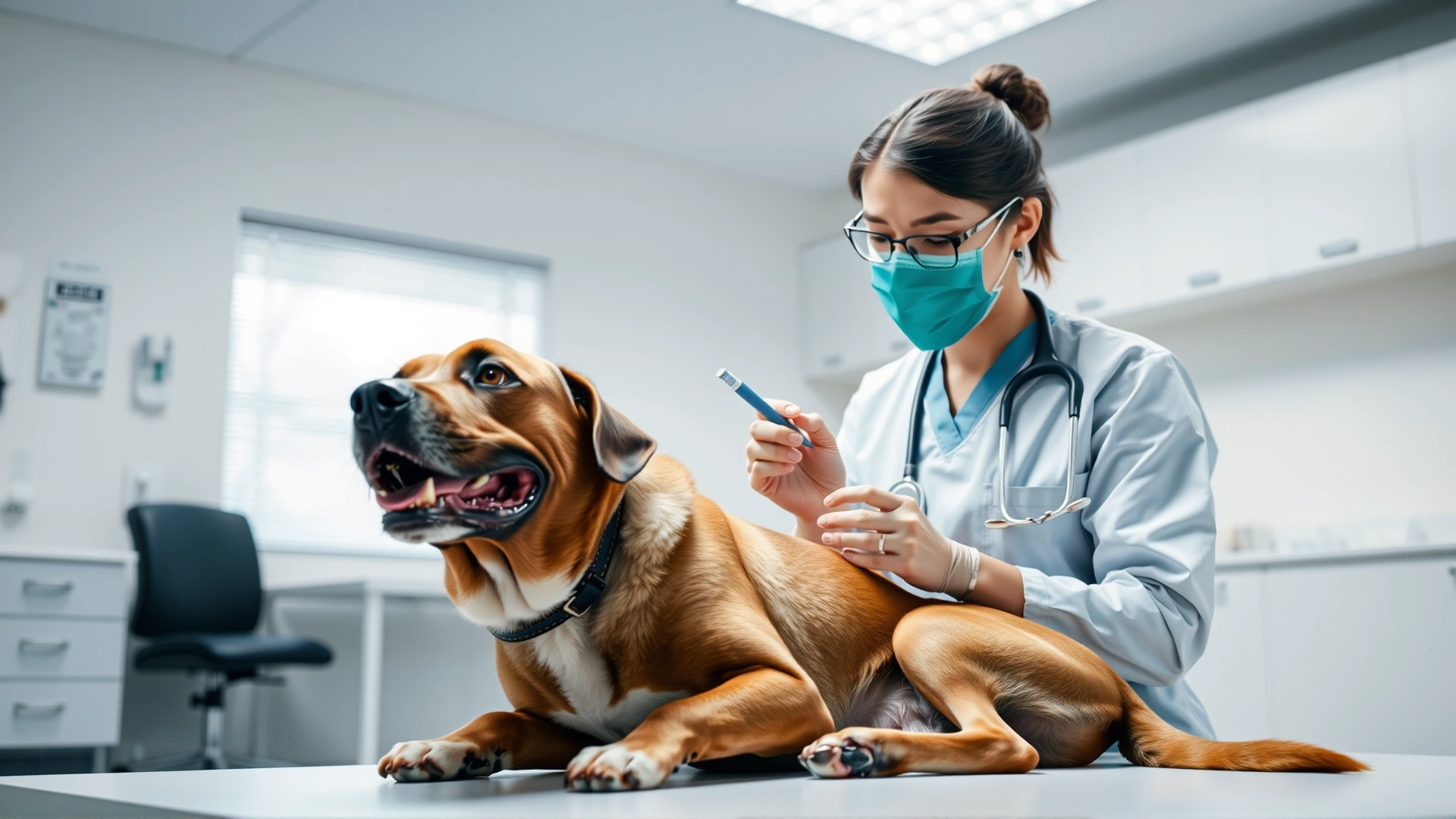 Veterinarian gently drawing blood from a dog's foreleg in a modern clinic setting