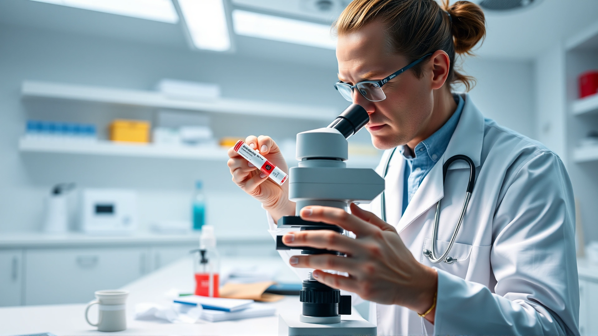 Veterinarian in lab coat analyzing a pet blood sample under a microscope in a modern vet lab, clean background, high resolution