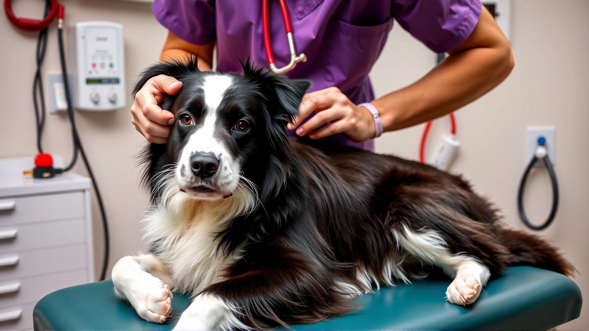 Veterinarian in scrubs drawing blood from the front leg of a calm Border Collie on exam table; medical equipment visible