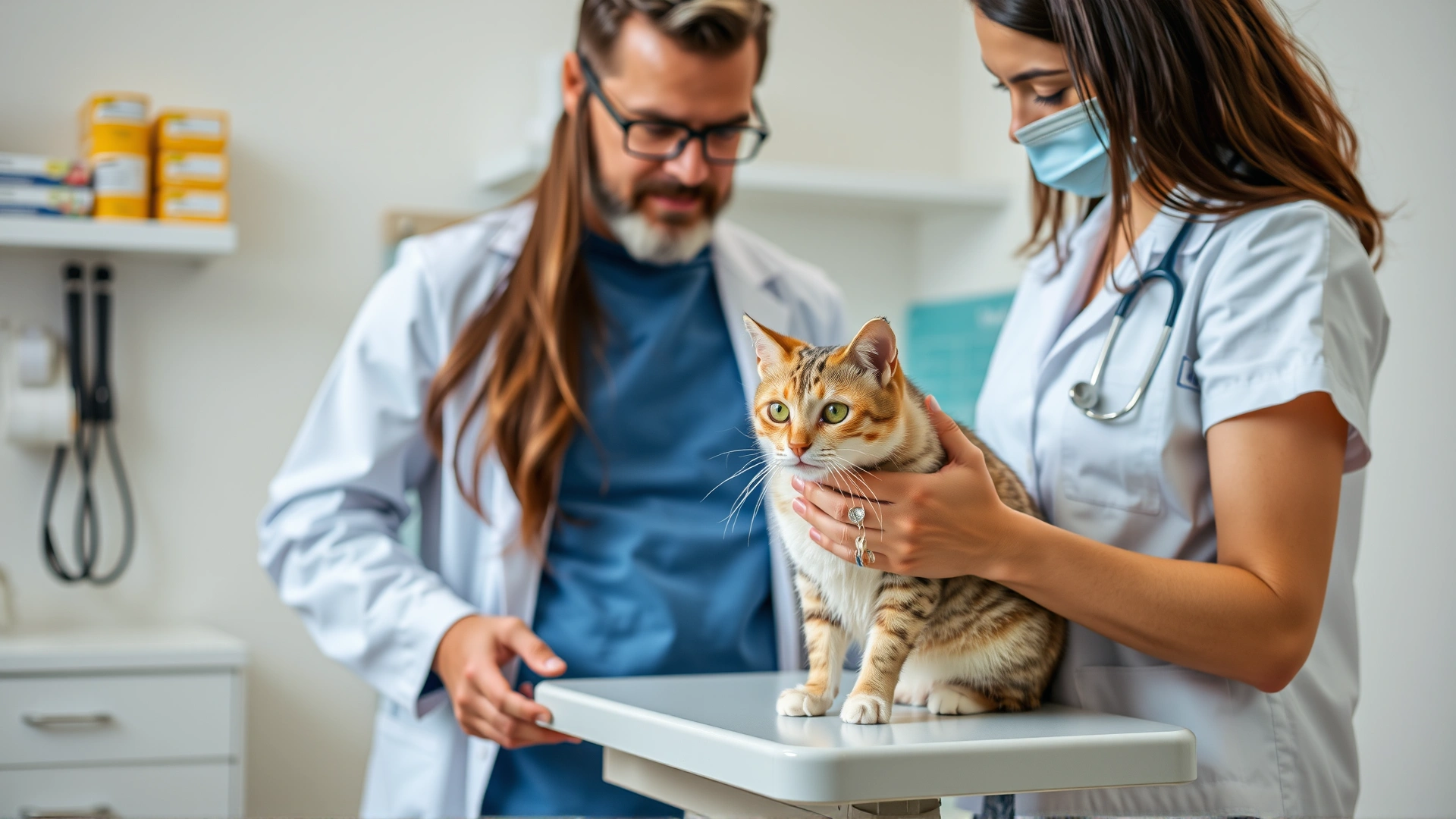 Concerned pet owner holding a cat on examination table while a veterinarian in white coat checks the animal, veterinary clinic setting