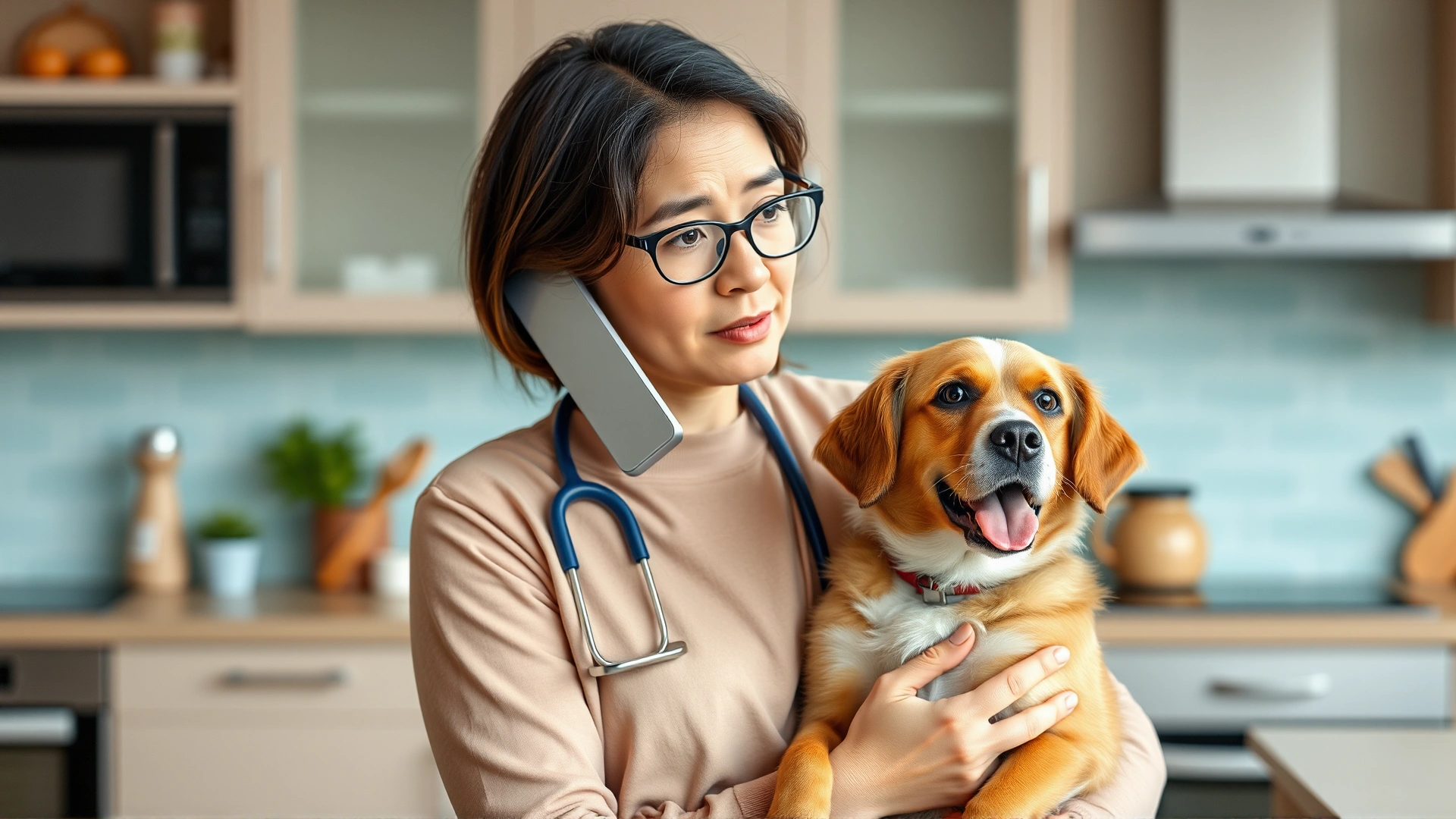 Concerned pet owner holding a medium-sized dog while speaking on the phone with a veterinarian in a modern kitchen setting.
