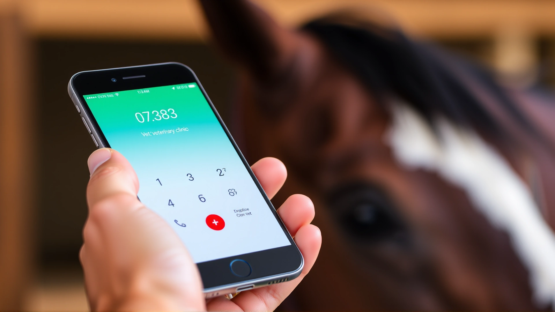 Close-up of a smartphone in a stable hand dialing a veterinary clinic number with a blurred horse in the background, illustrating quick contact with vet.