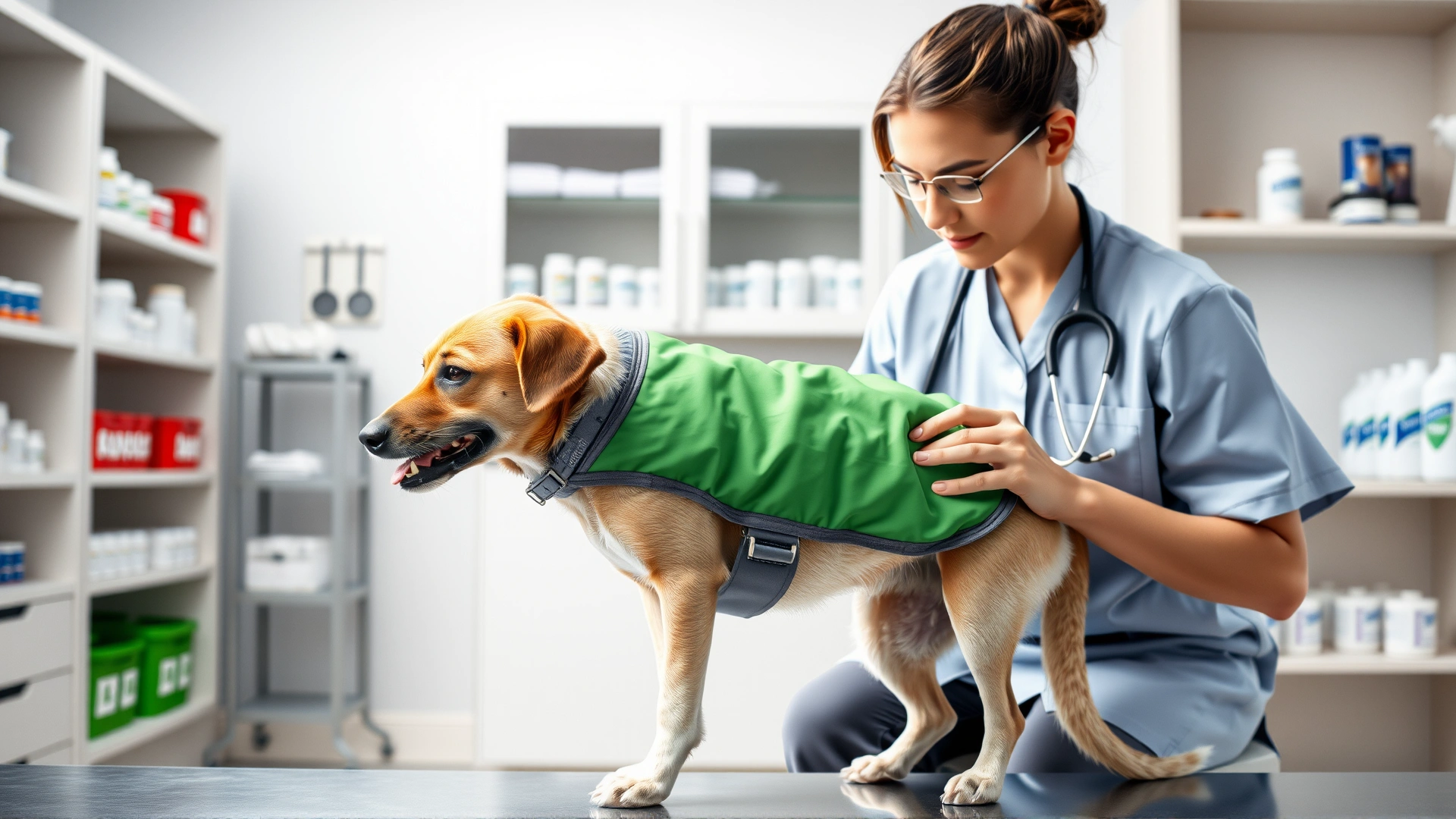 A veterinarian fitting a calming thundershirt on a nervous dog inside a modern clinic; shelves with pet medications visible in the background